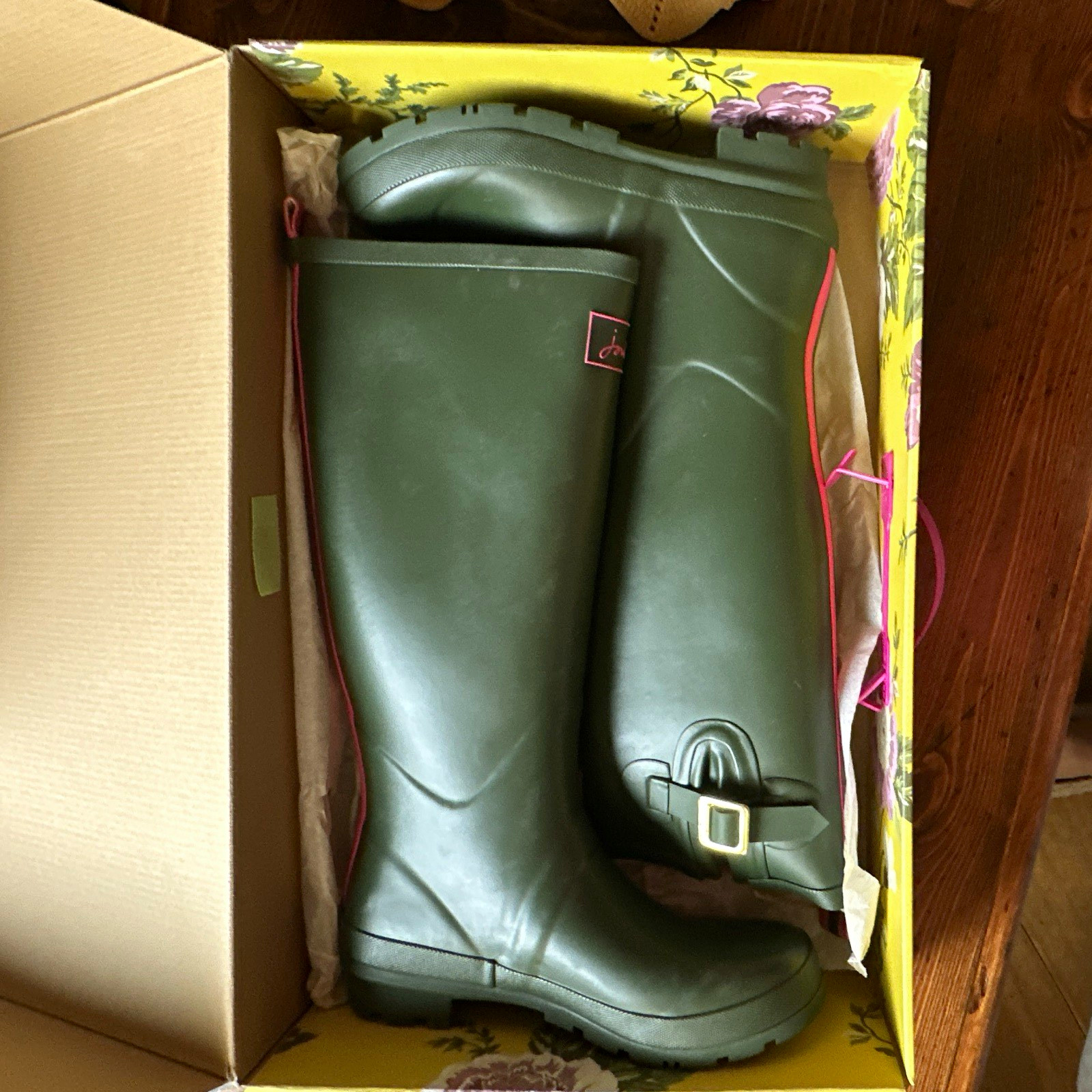 Joules Women’s Knee High Pull On Rubber Rain Boots Green/Pink Buckle US 9