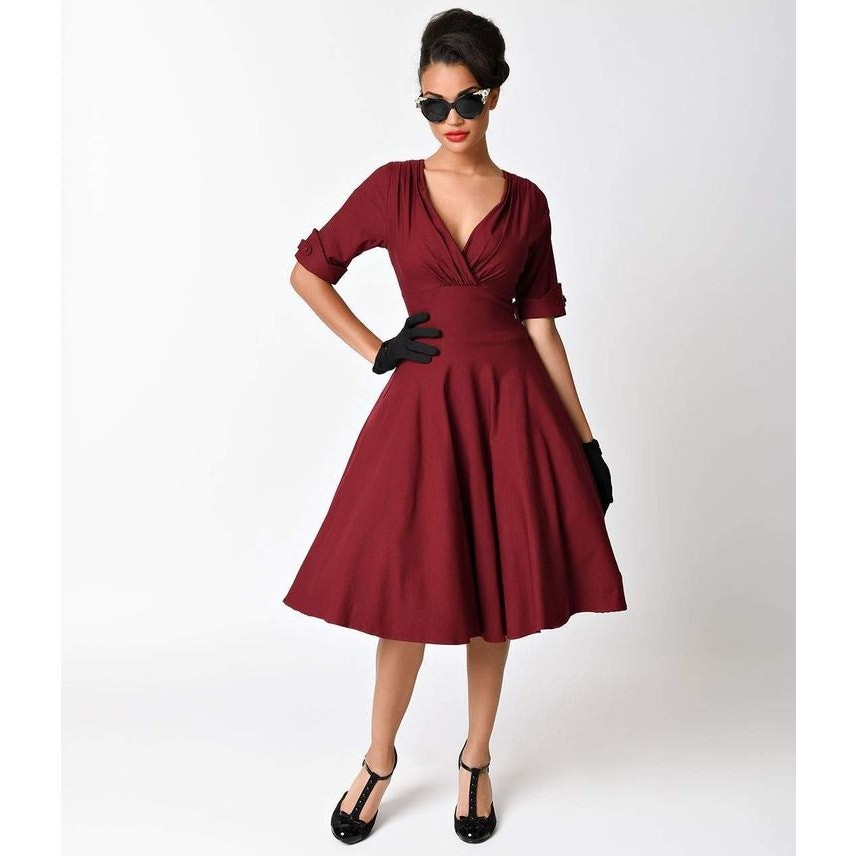 Unique Vintage Burgundy Delores Swing Dress with Sleeves M 6/8