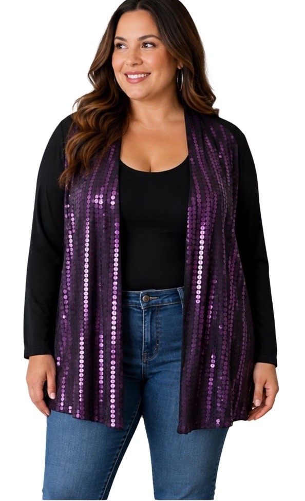 Chico\'s Travelers Black Wrinkle Free Open Front Embellished Sequins Cardigan L