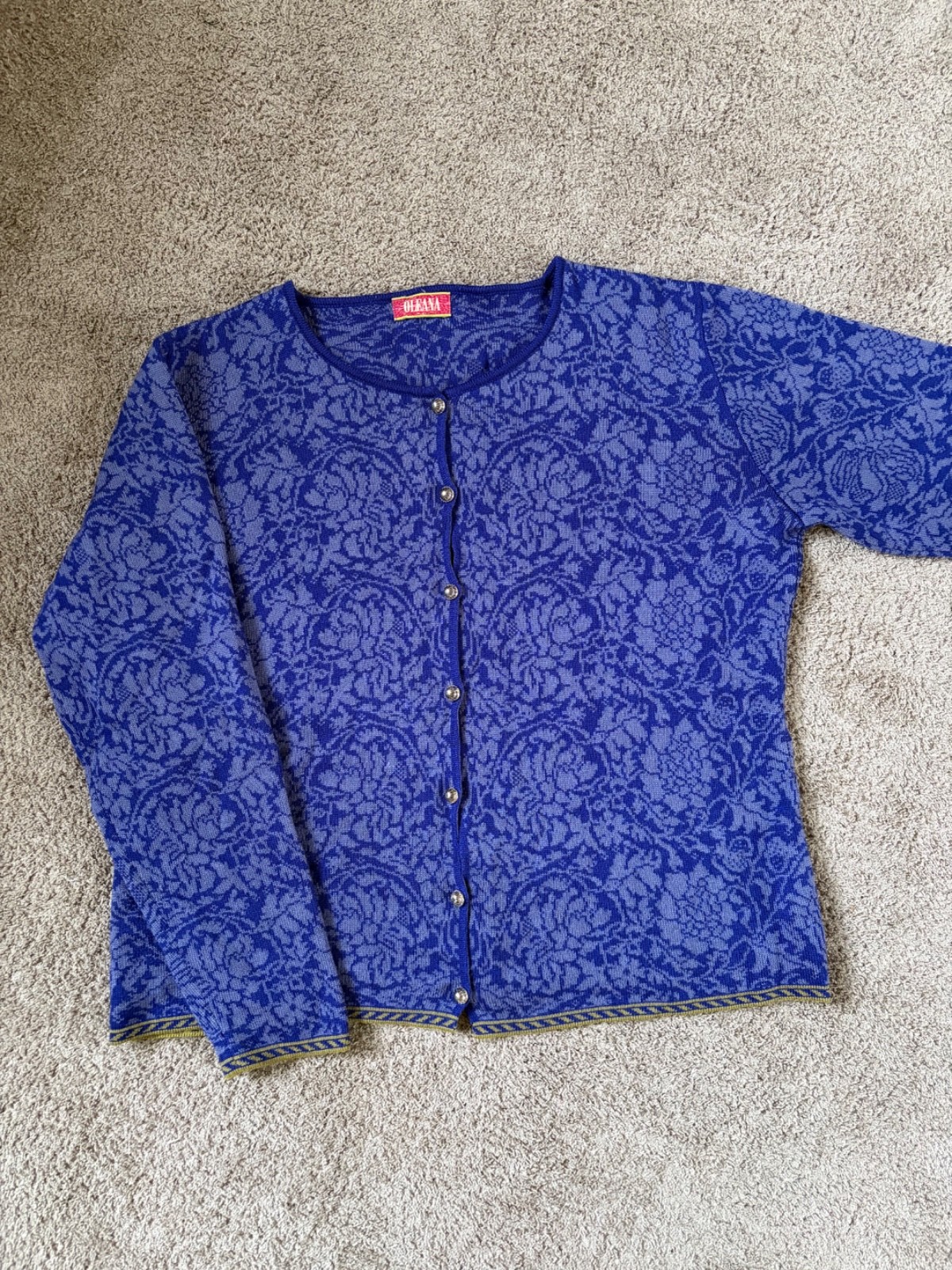 Oleana Wool And Silk Blue Cardigan Size S Floral Made In Norway Oleana Wool And Silk Blue Cardigan Size S Floral Made In Norway