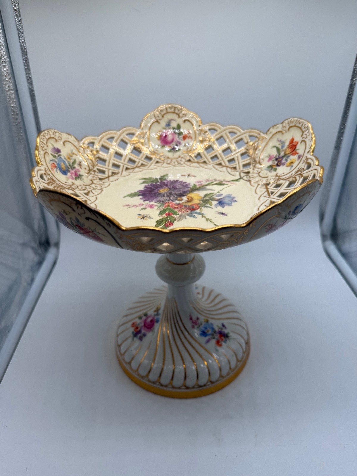 Antique German Meissen Reticulated Porcelain Compote w/ Flowers & Insects As Is
