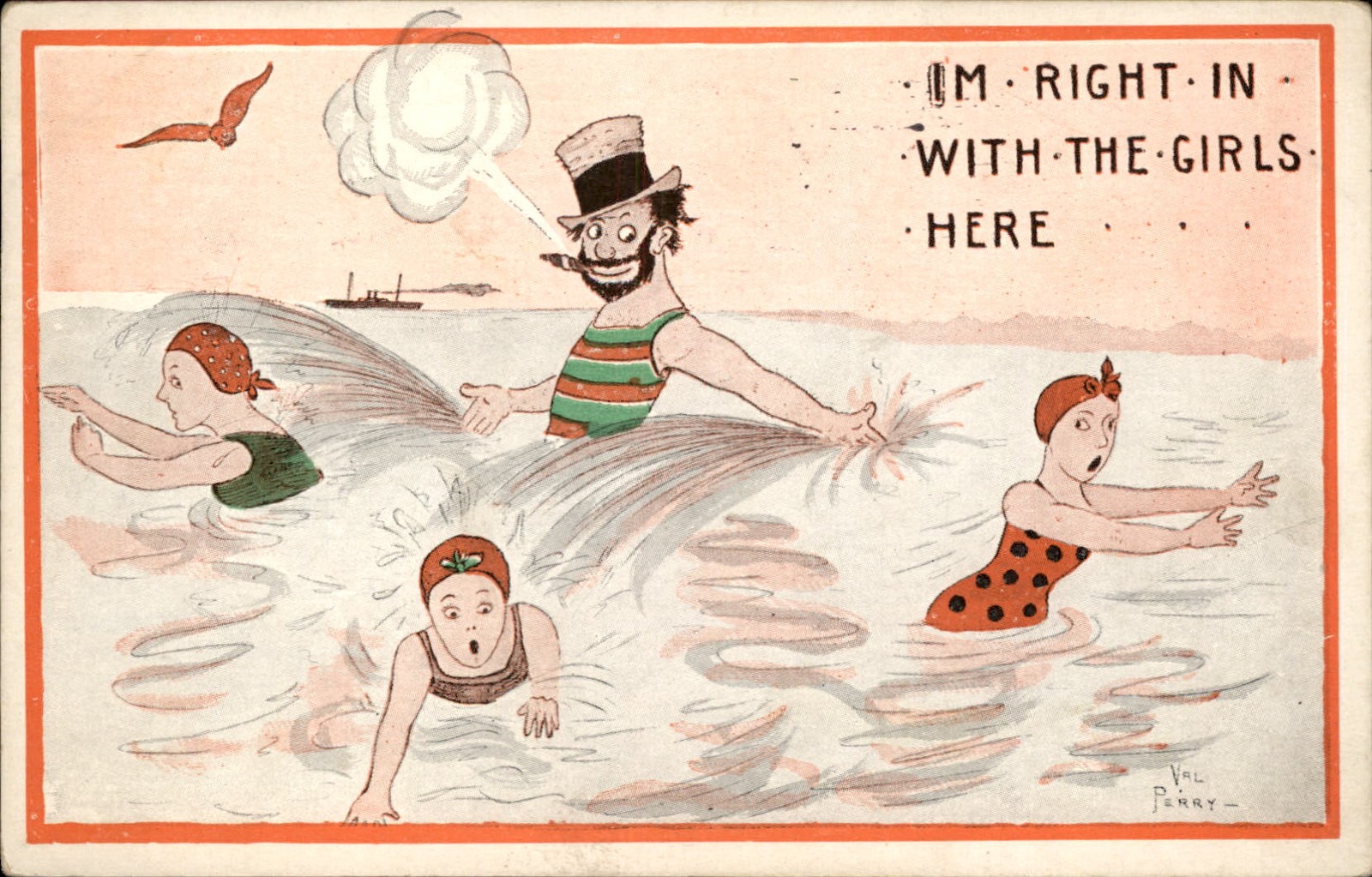 Bathing Beauties Women Swim Away From Hobo c1910s Vintage Postcard Bathing Beauties Women Swim Away From Hobo c1910s Vintage Postcard