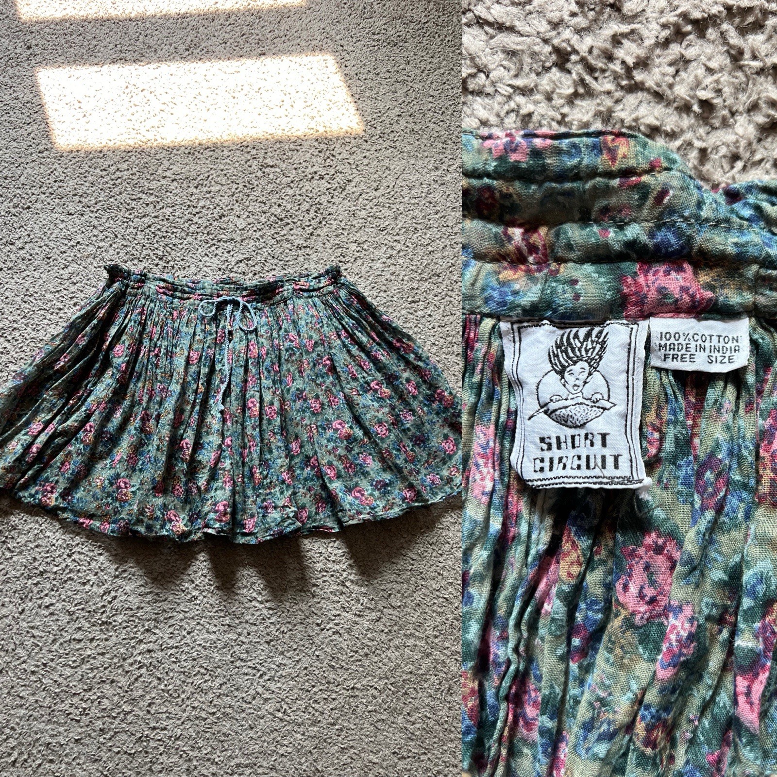 Vintage Y2K 90s Mini Skirt Boho Crinkle Cotton Floral Boho Fairy Whimsigoth OS