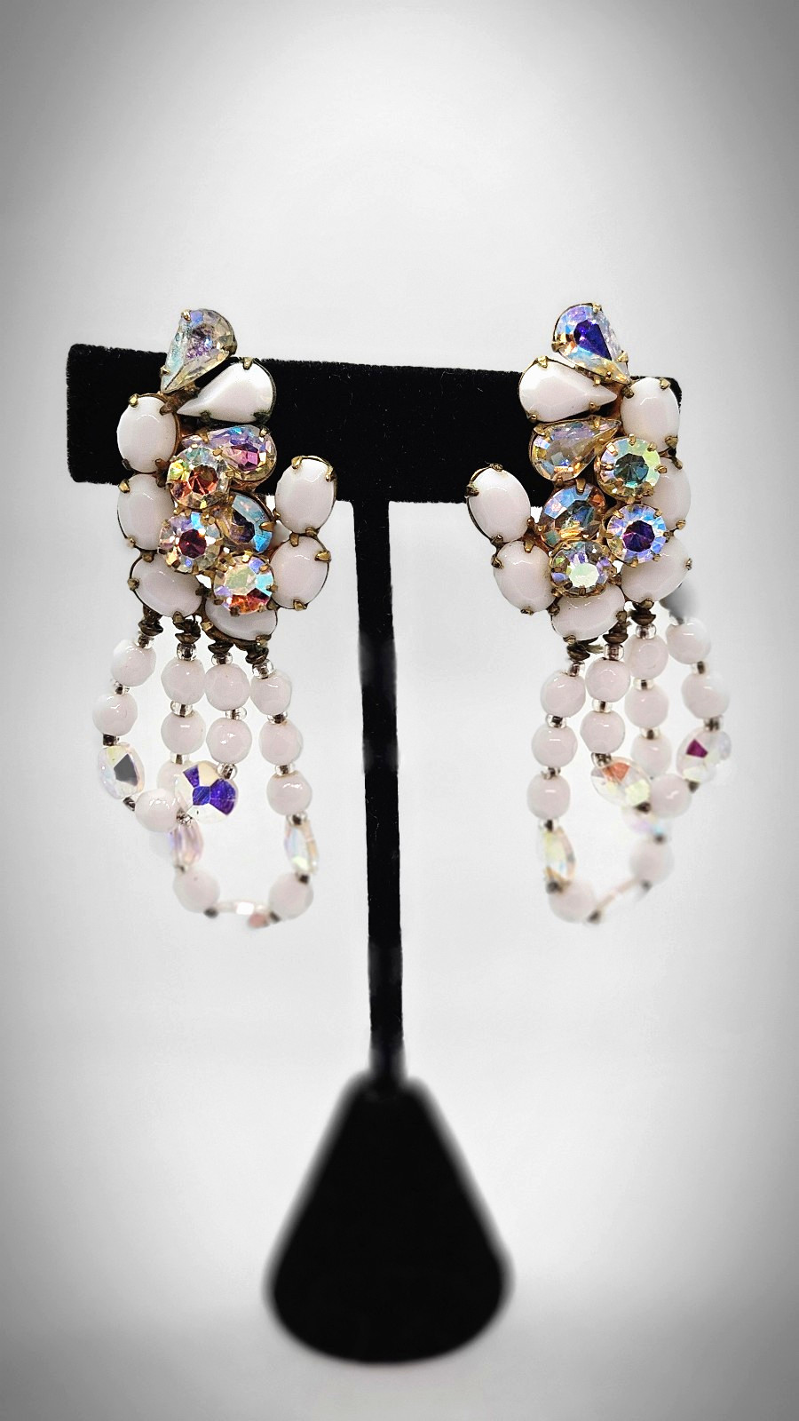 Vintage Original by ROBERT Earrings Dangle White & AB Rhinestones Clip-on Vintage Original by ROBERT Earrings Dangle White & AB Rhinestones Clip-on