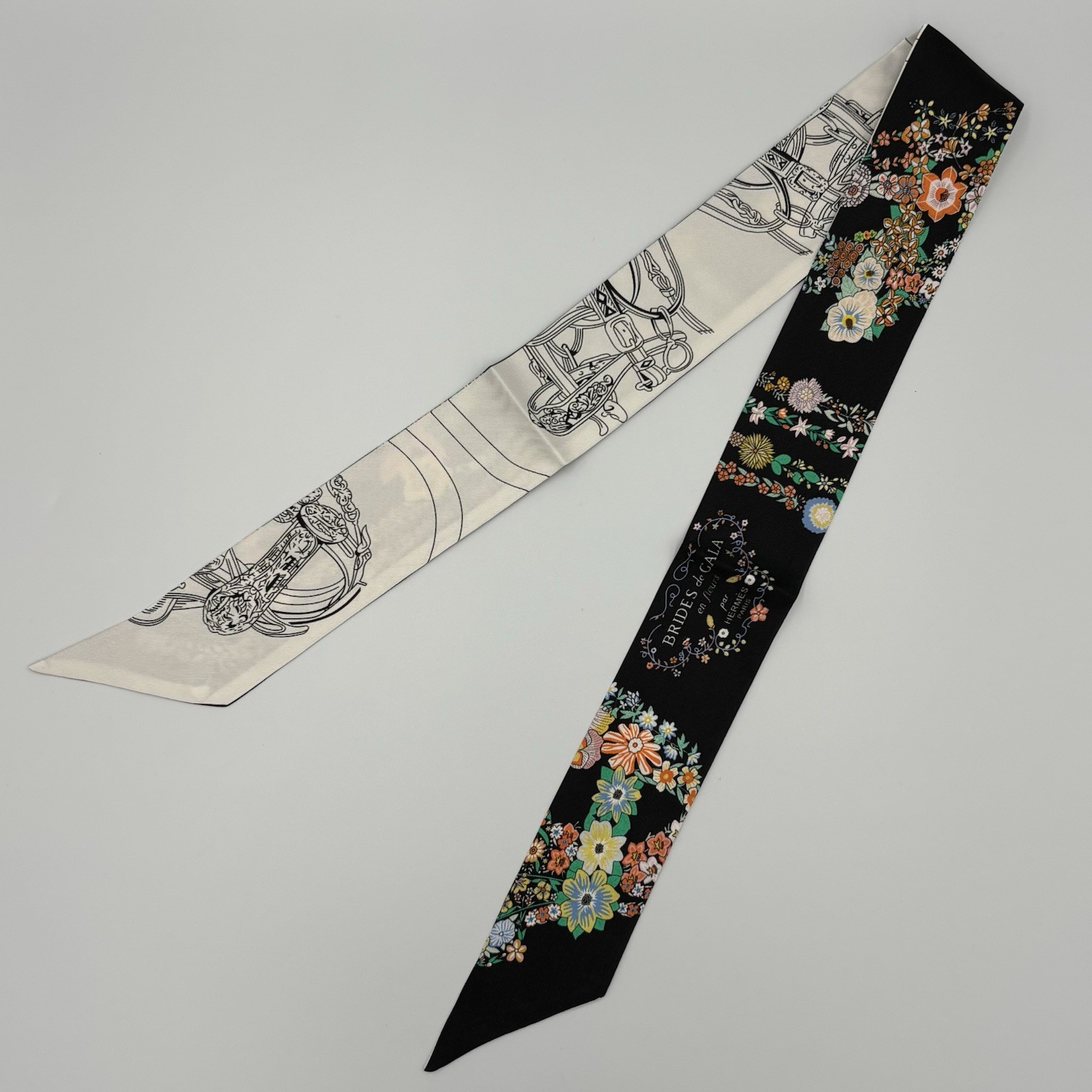 Hermès Twilly Brides de Gala en Fleurs Silk Scarf Black Floral Bag Scarf 