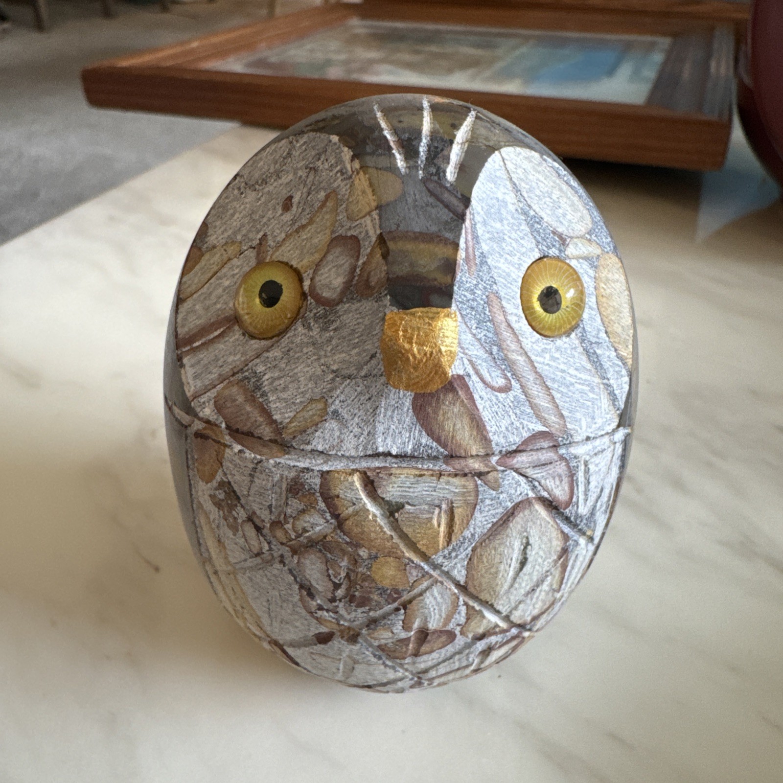 Vintage Crazy Lace Agate Stone Owl Egg Shaped - Hand Carved Agate Owl Sculpture