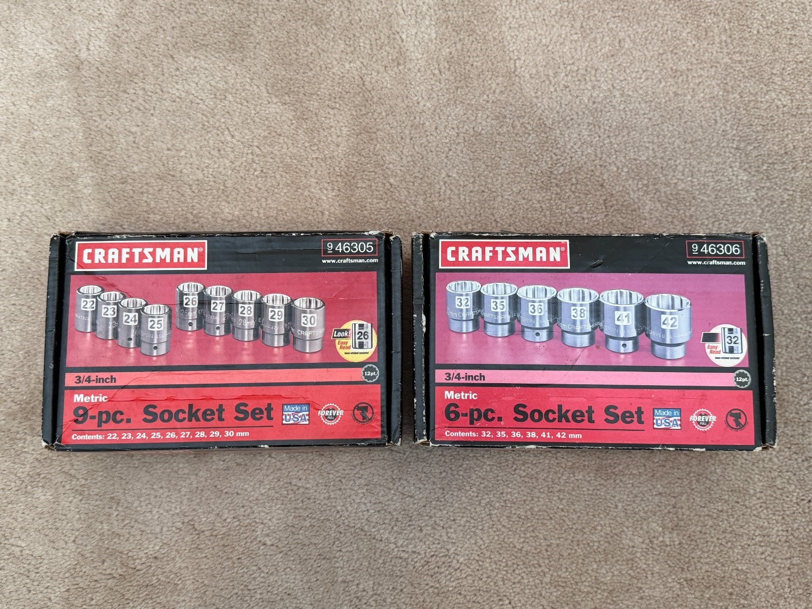 Sears Craftsman USA Nos Metric Easy Read Socket Sets 46305 And 46306 3/4 inch.