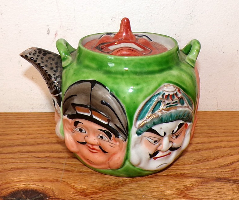 Vintage Japanese Banko Ware Teapot, Green with Faces, Needs Handle