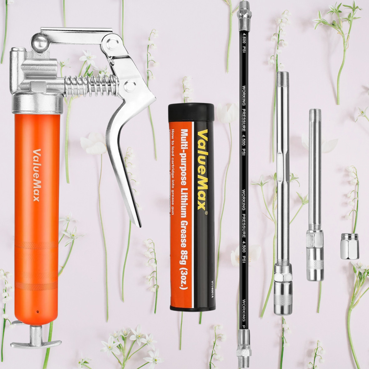 ValueMax Mini Grease Gun Kit (3500 PSI) with 3 OZ Grease, 12'' Flexible Hose
