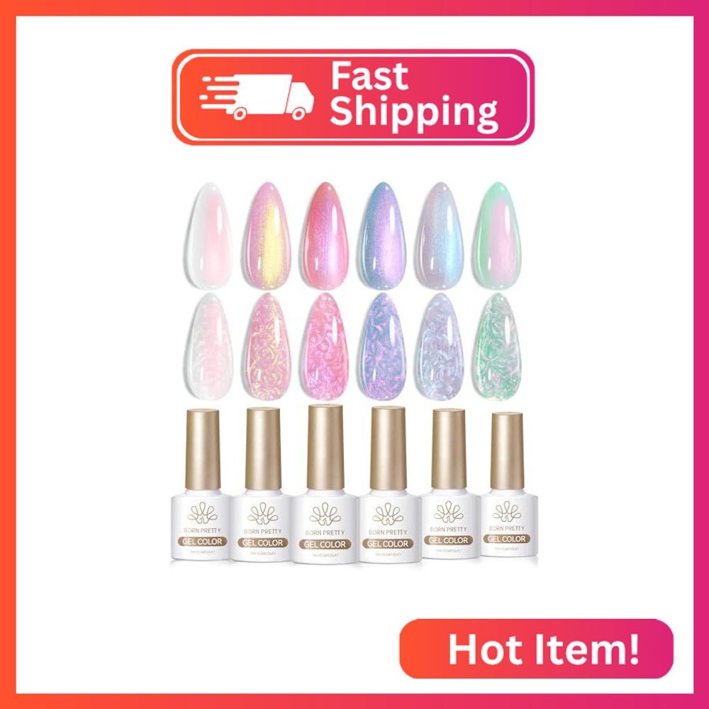 Born Pretty 6 Colors Pearl Gel Nail Polish Set,Aurora Iridescent Shimmer