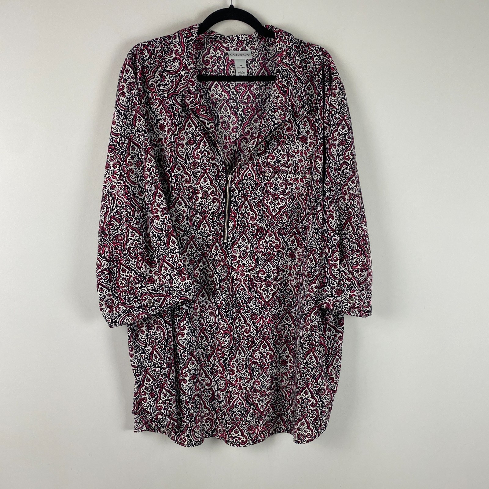 Catherines Popover Half Zip Blouse Size 3X Tunic Stretch 3/4 Sleeves Floral