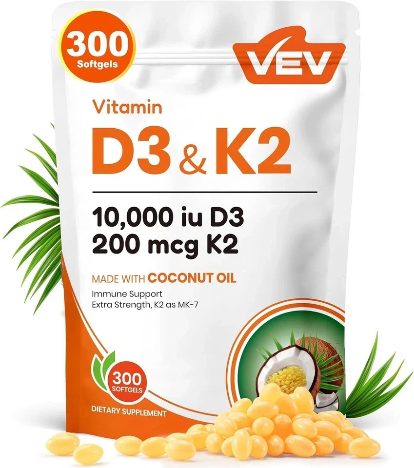 VEV Vitamin D3 Con K2 10000 IU 300 kinds of virgin coconut oil softgels 2-in-1** VEV Vitamin D3 Con K2 10000 IU 300 kinds of virgin coconut oil softgels 2-in-1**