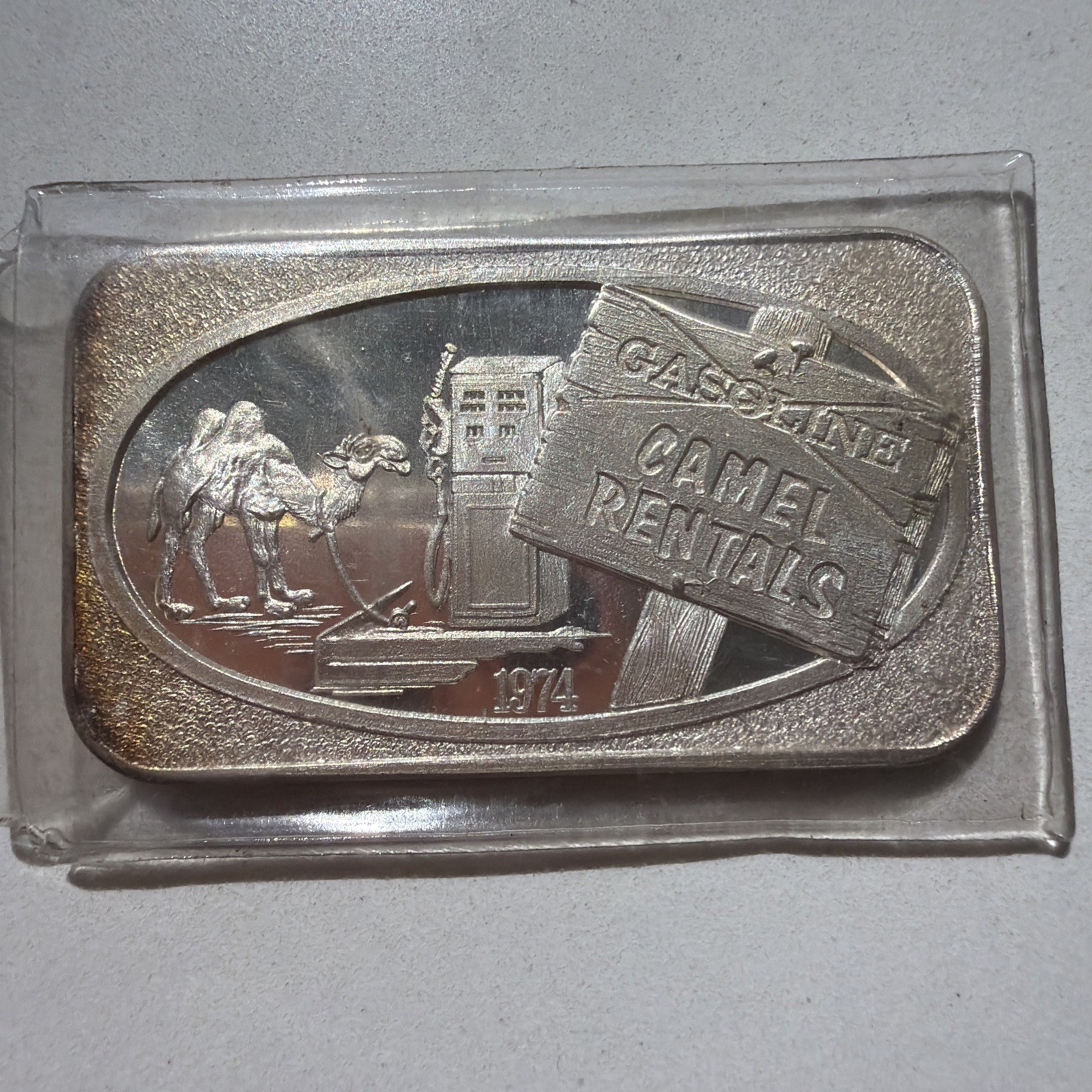 Vintage 1974 USSC 1 Troy Ounce Silver Bar Fuel Shortage Camel Rentals Low SN 100
