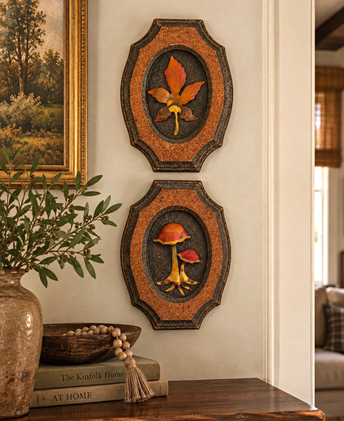 Vintage 1970s Mushroom & Maple Leaf Wall Plaques | Set of 2 | Retro MCM Decor