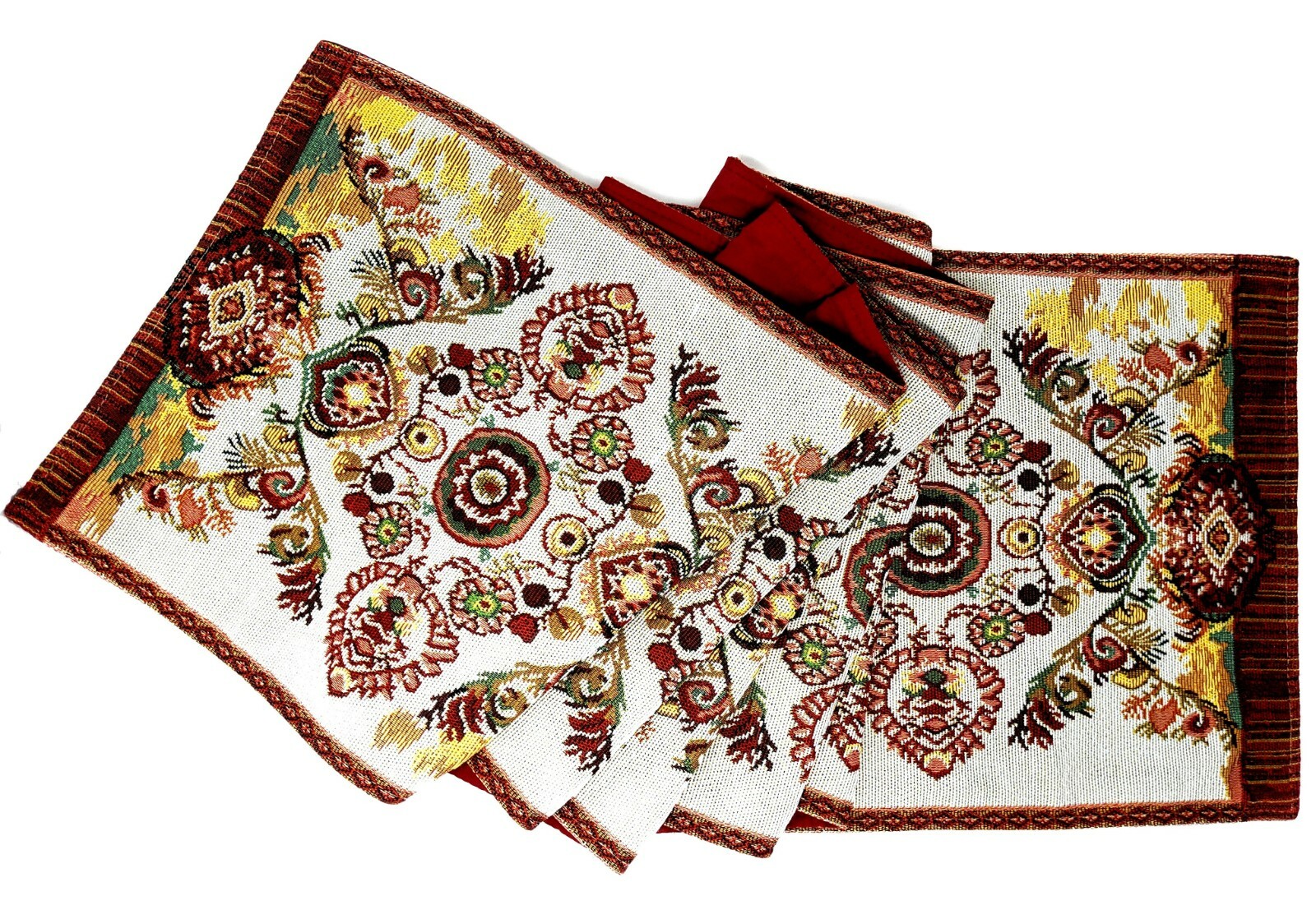 Tache Elegant Red Orange Ornate Paisley Medallion Woven Tapestry Table Runner