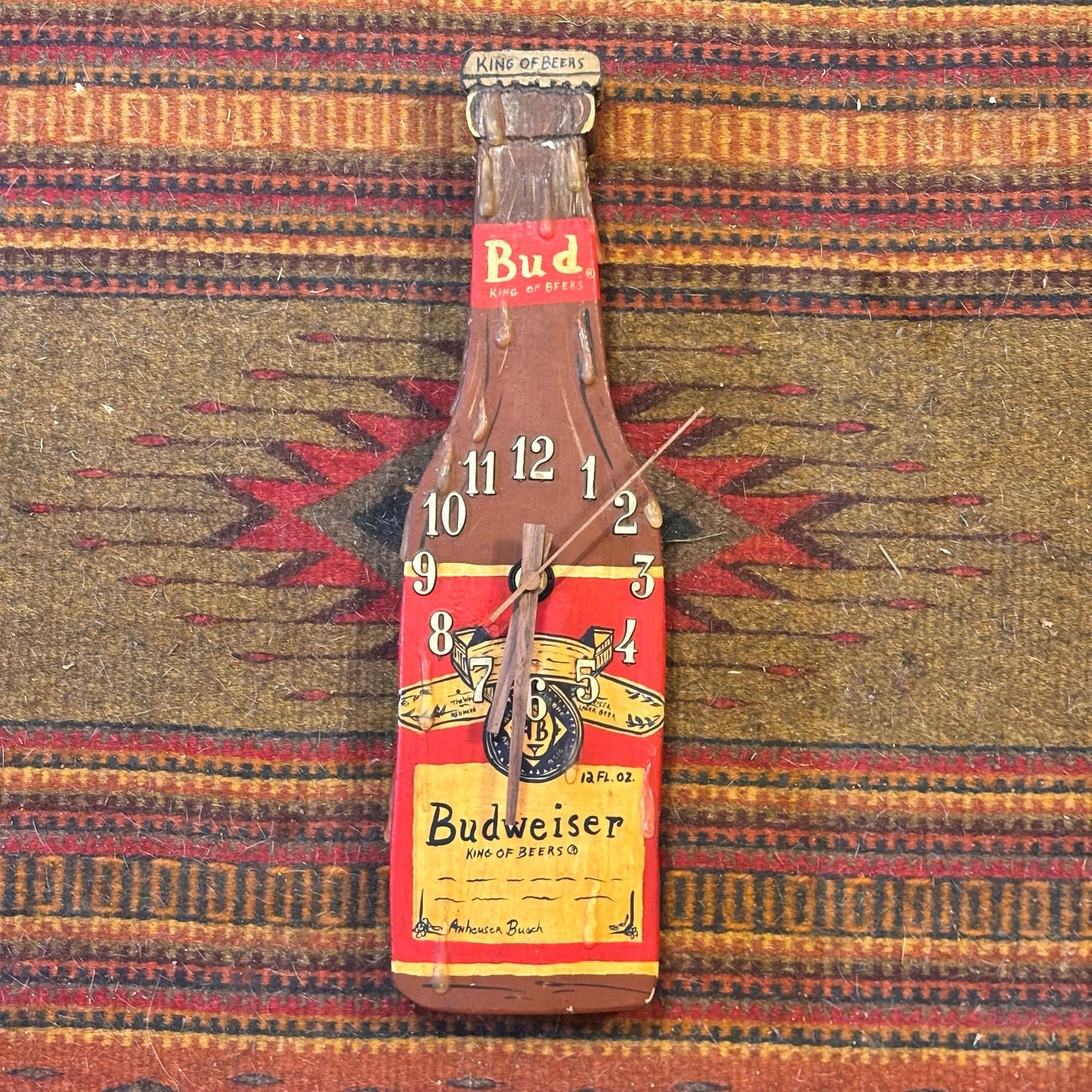 Vintage Folk Art Budweiser Beer Bottle Wooden Wall Clock (Refurbished)