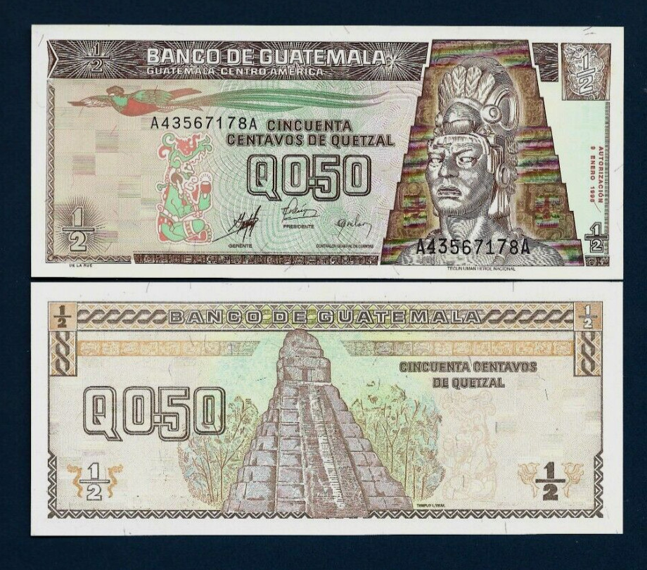 Guatemala ½ ( 0.50 ) QUETZAL P-98 1998 Guatemalan BIRD TEMPLE UNC Currency NOTE