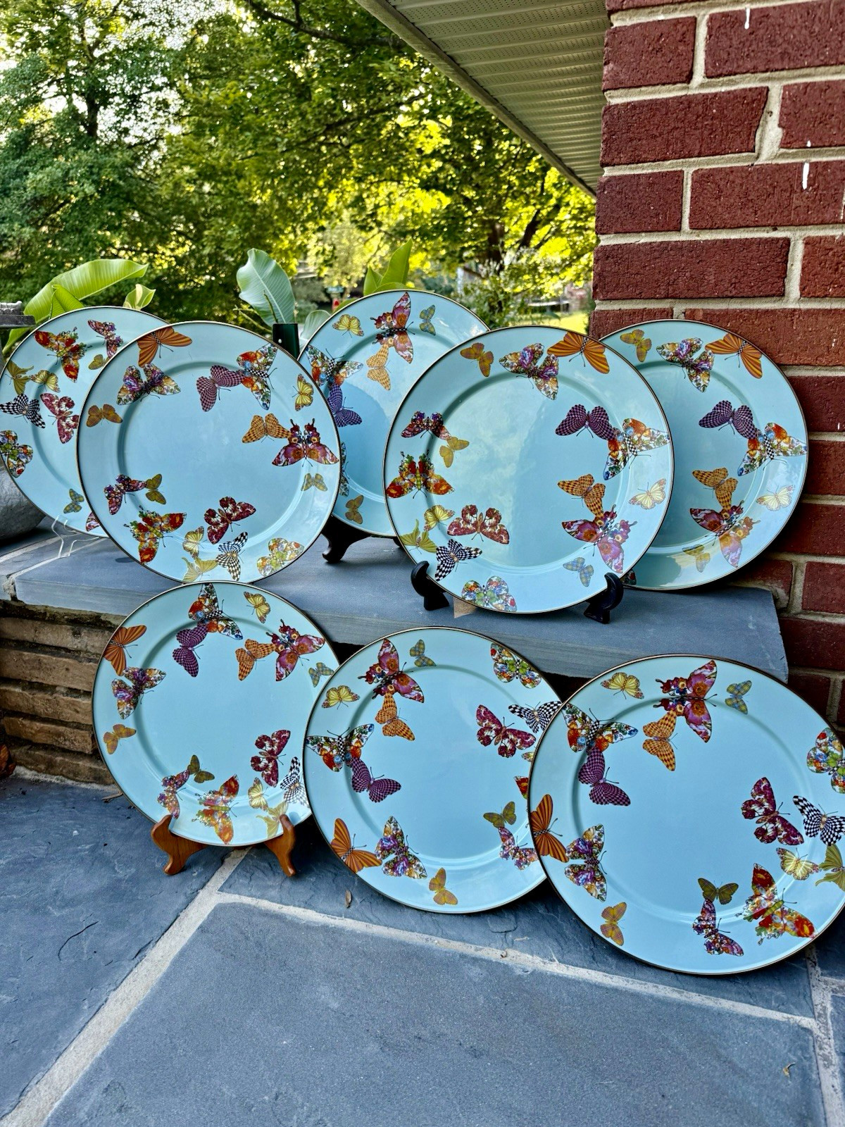 MacKenzie-Childs Blue Butterfly Garden Enamel 10” Dinner Plates Set of 8 MacKenzie-Childs Blue Butterfly Garden Enamel 10” Dinner Plates Set of 8