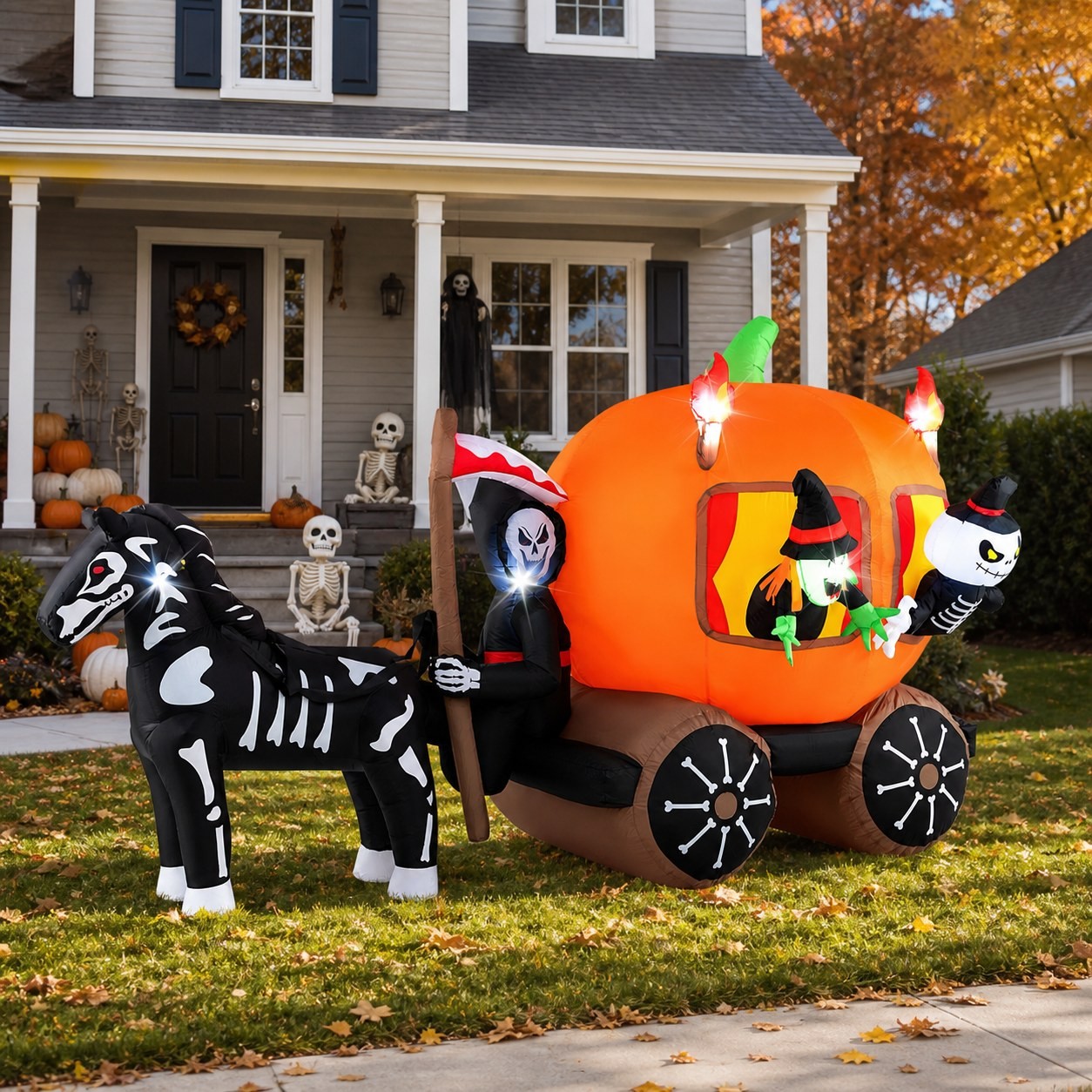 102 ft Halloween Inflatable Pumpkin Carriage with Skeleton Horse  LED Li G1N