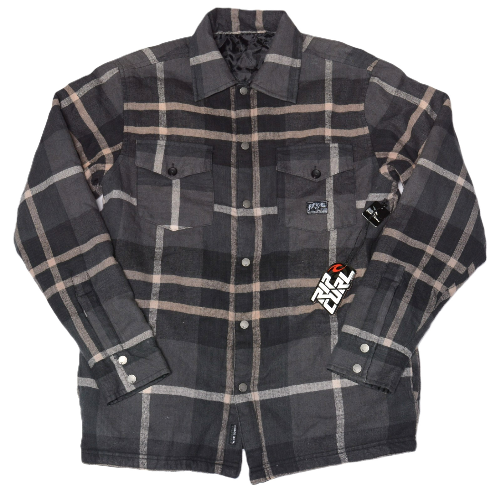Rip Curl Mens Small Flannel Plaid Jacket Satin Lined Quilted Reversible Charcoal
