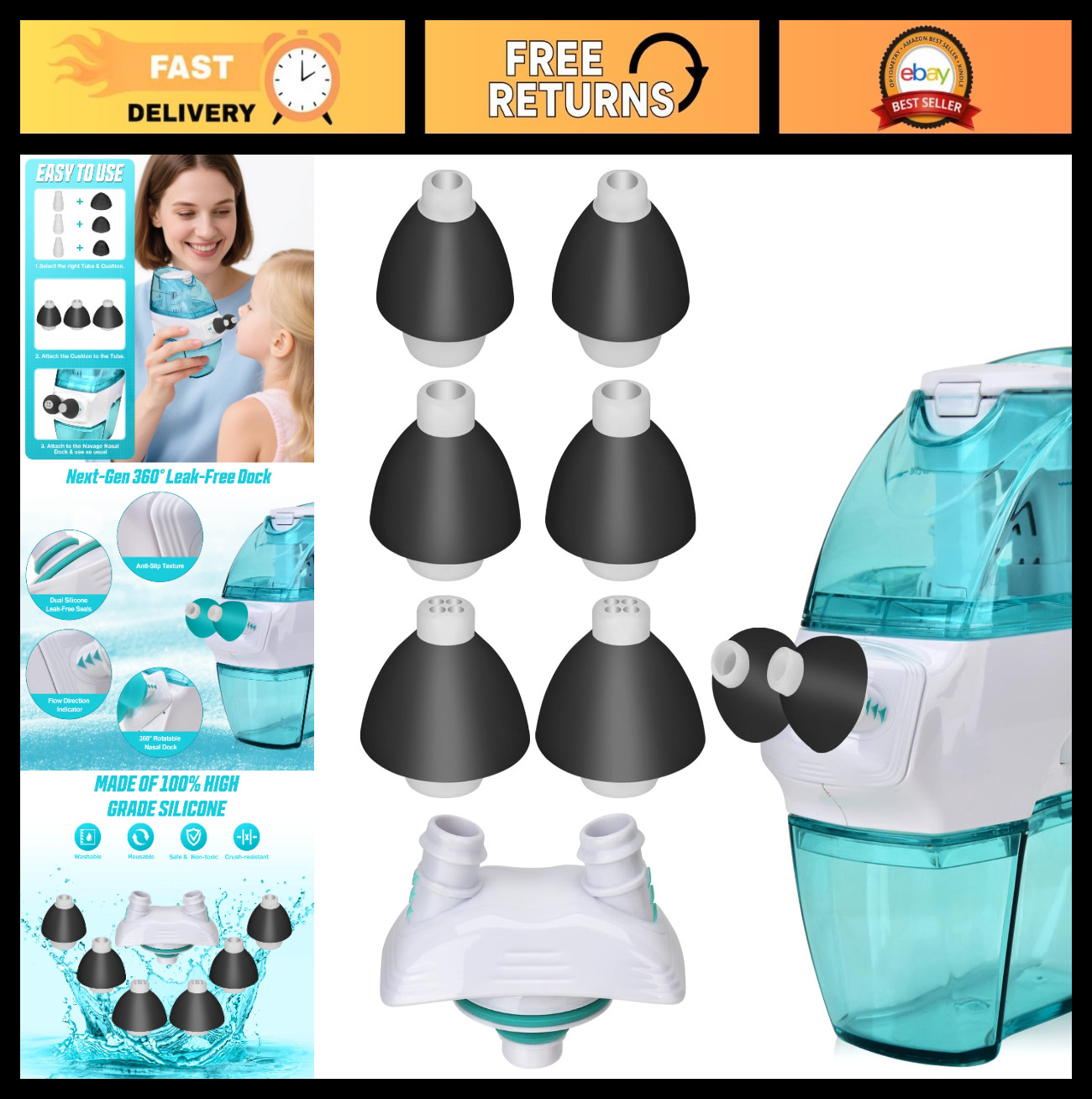 Nasal Dock & 3 Pairs Silicone Nasal Pillows Combo for Nasal Irrigation System