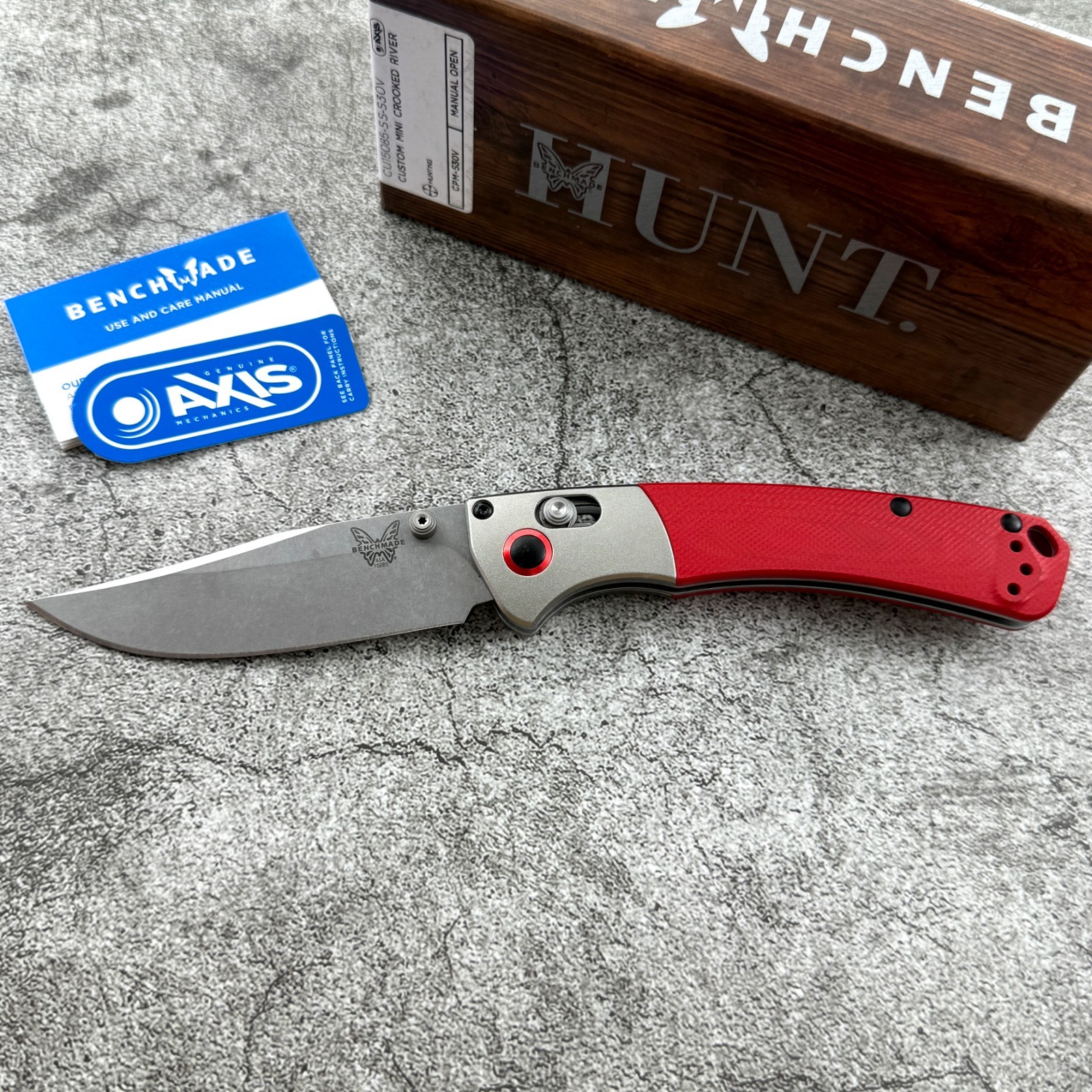 Benchmade Custom Mini 15085-SS Crooked River Satin Aluminum Red G10 Handle Knife