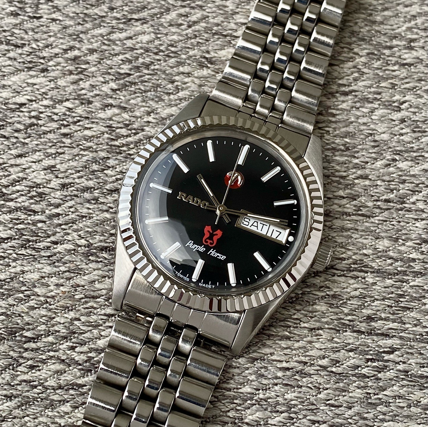 Vintage Rado Purple Horse Automatic Black Dial Day Date Swiss Steel Mens Watch Vintage Rado Purple Horse Automatic Black Dial Day Date Swiss Steel Mens Watch