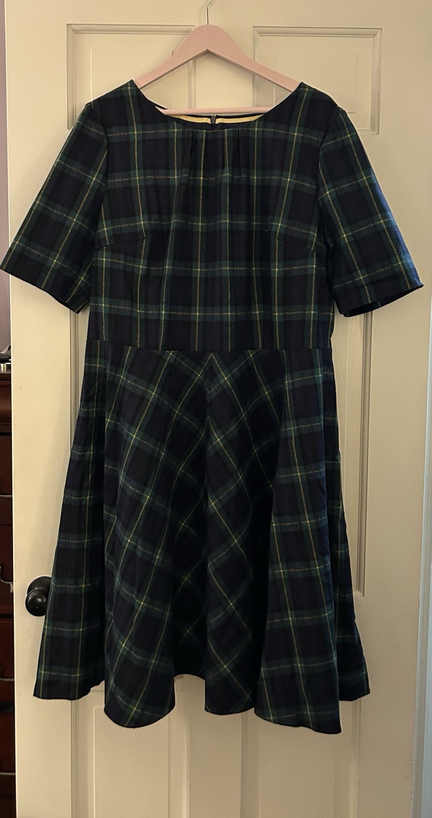 British Boden Tartan Plaid Tweed Moon Wool Dress Navy Green UK 20 L US 16 L EUC