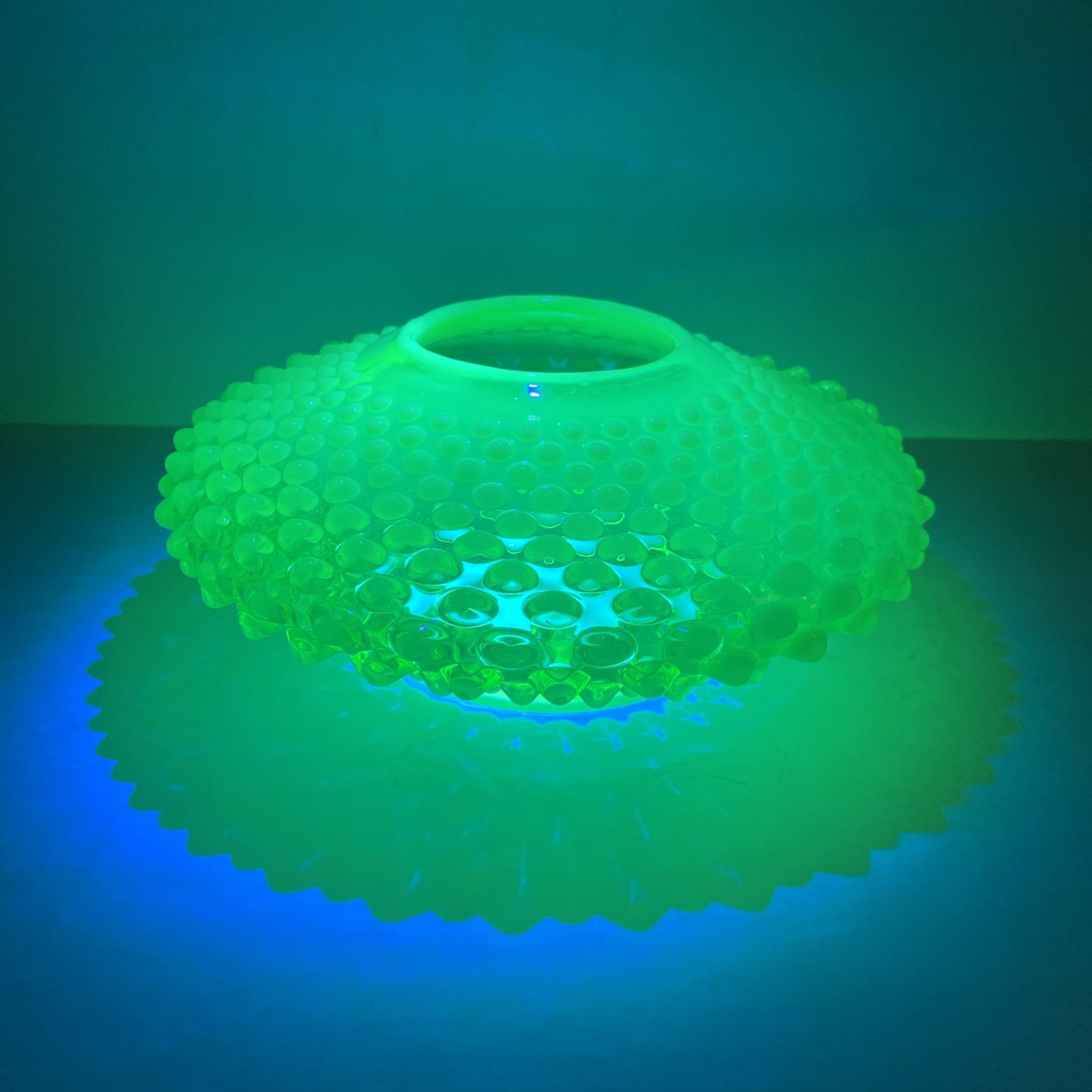 Fenton Greenish Topaz Hobnail Low Bulbous Vase, Unusual Piece Uranium Glows
