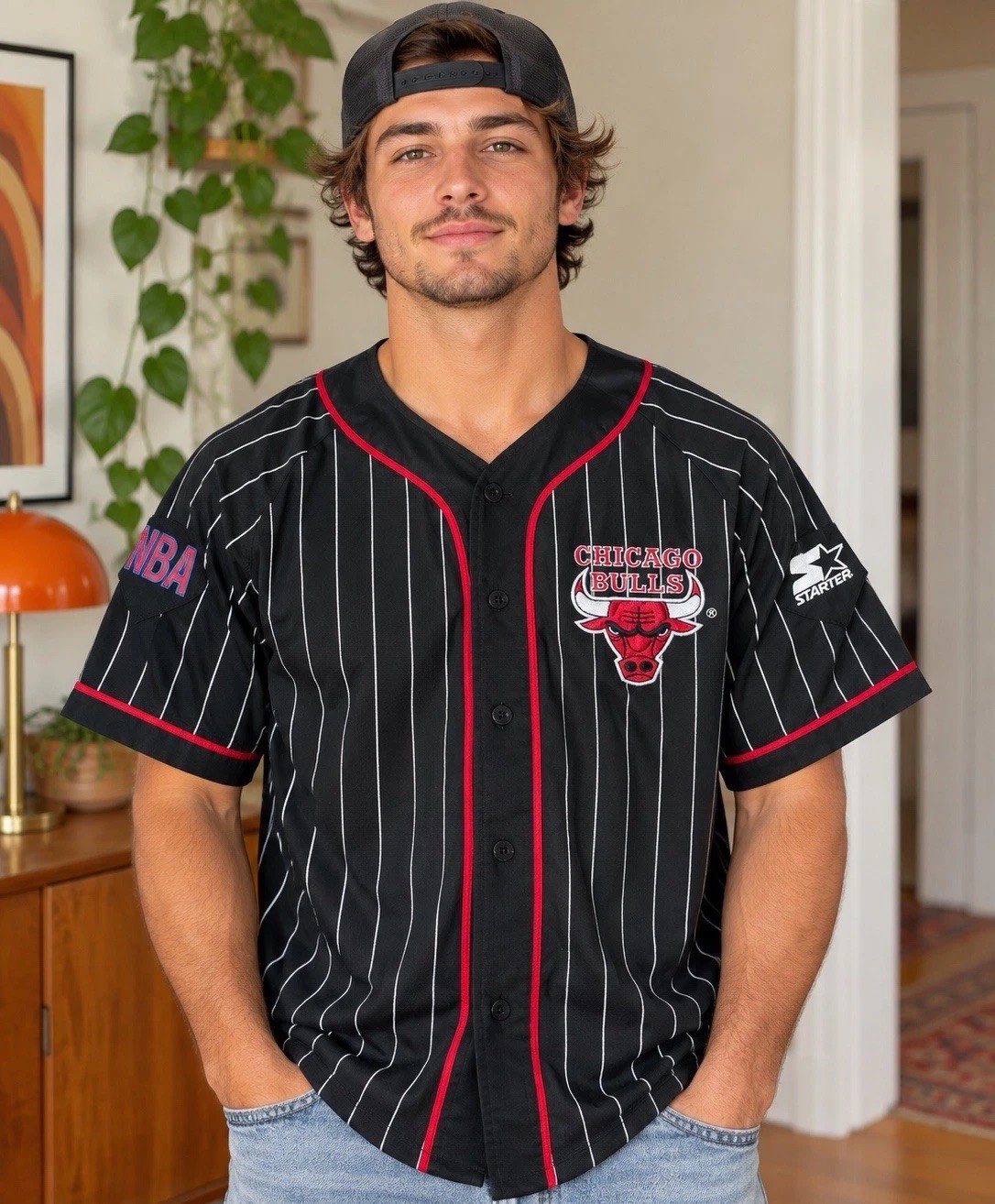 Vintage 90s NBA Starter Chicago Bulls Pin Stripe Button Up jersey Size Large