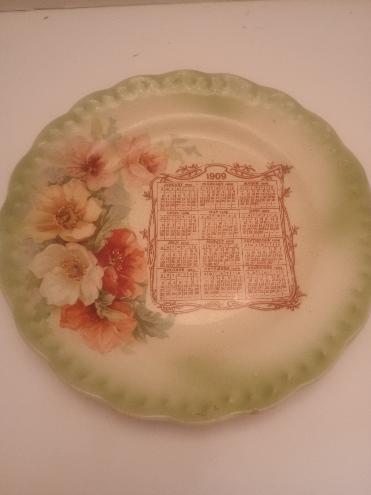 1909 Antique Calendar Plate With Flowers By Carnation 8.5\