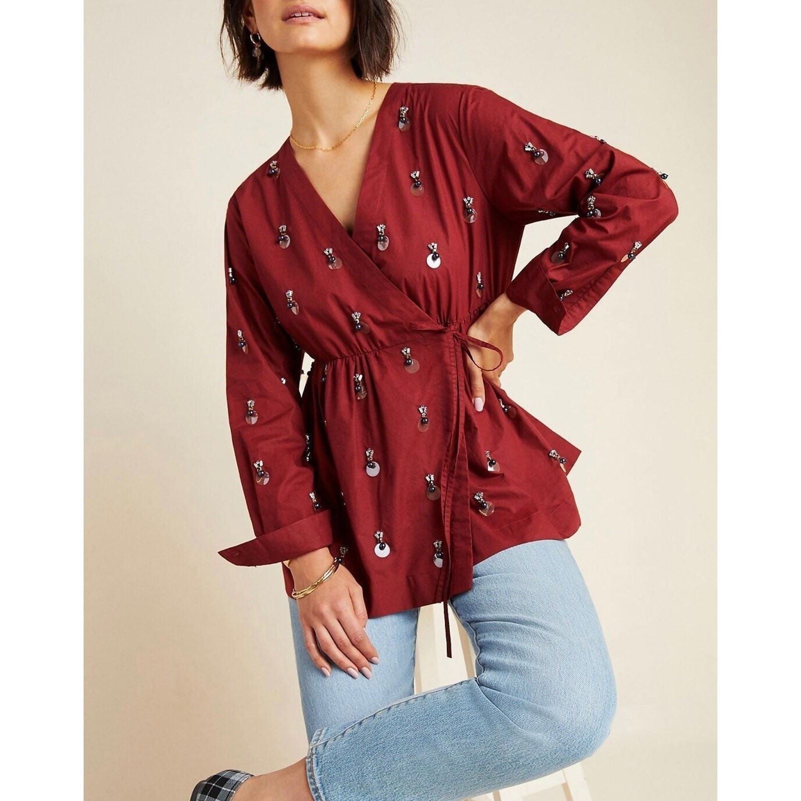 New Anthropologie Dhruv Kapoor Romana Beaded Babydoll Blouse Small New Anthropologie Dhruv Kapoor Romana Beaded Babydoll Blouse Small