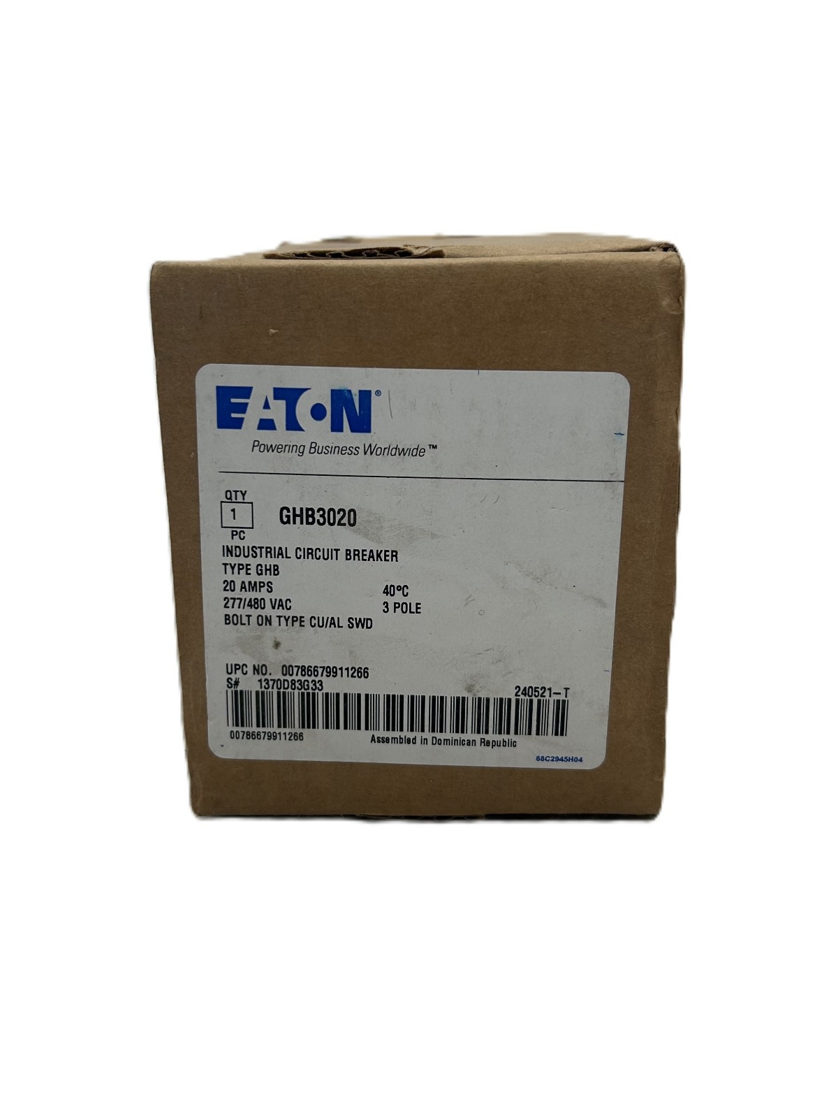 Eaton GHB3020 Industrial Circuit Breaker 20A 3-Pole 277/480VAC