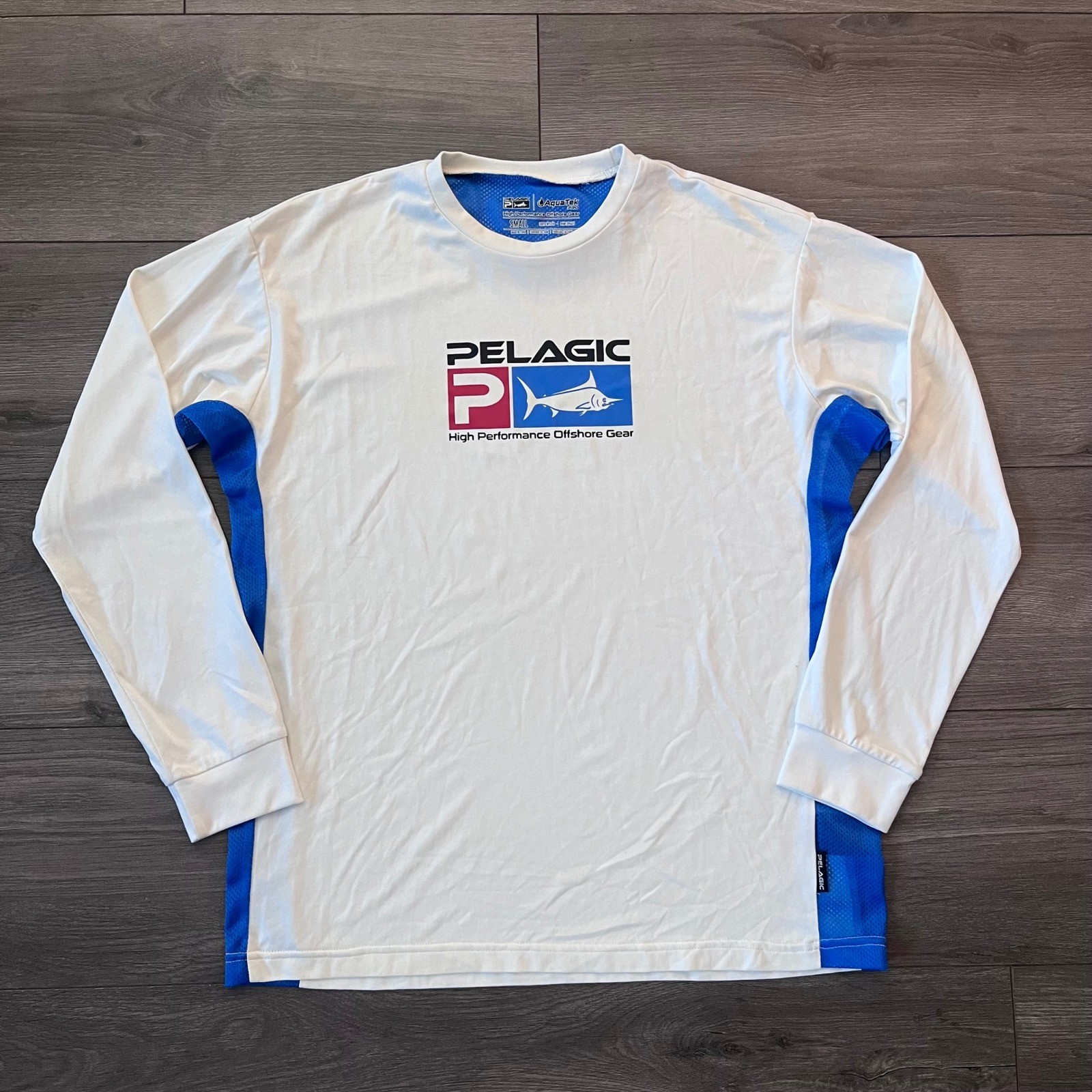 Pelagic AquaTek Pro Fishing Shirt Mens Small White Blue Long Sleeve Marlin Logo Pelagic AquaTek Pro Fishing Shirt Mens Small White Blue Long Sleeve Marlin Logo