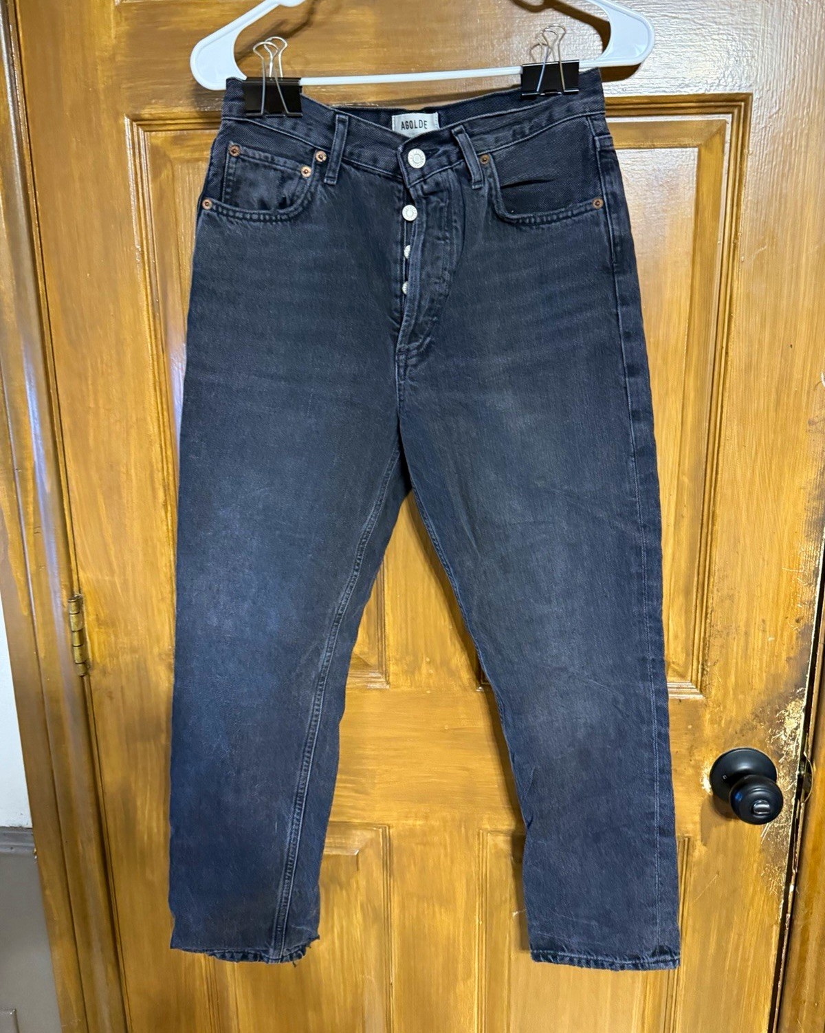 AGOLDE Women’s Black High Rise Slim Tapered Jeans Button Fly Raw Hem 26