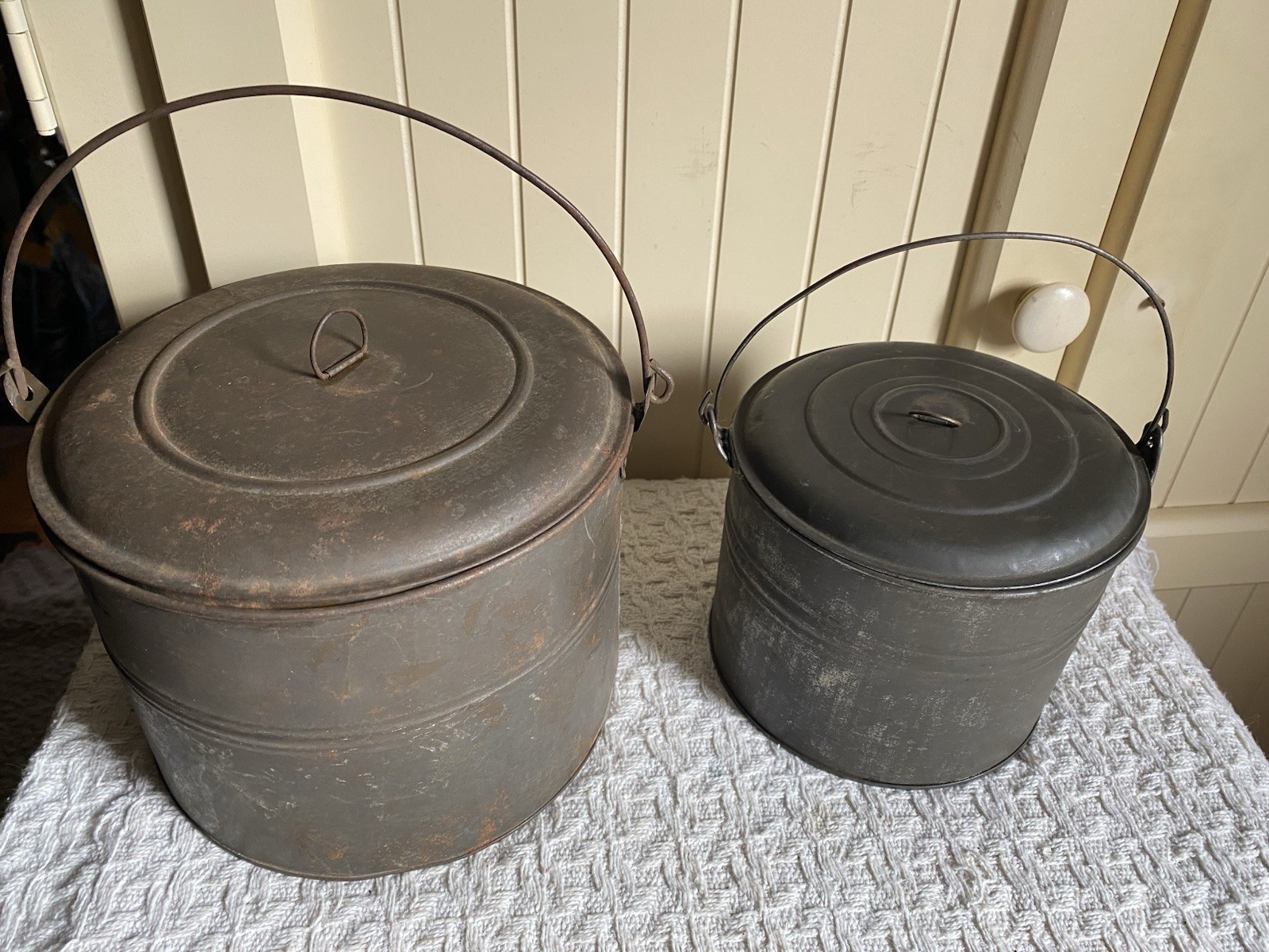 2 Antique VTG Metal Berry Bucket Lunch Pail Biscuit Tins Primitive Farmhouse
