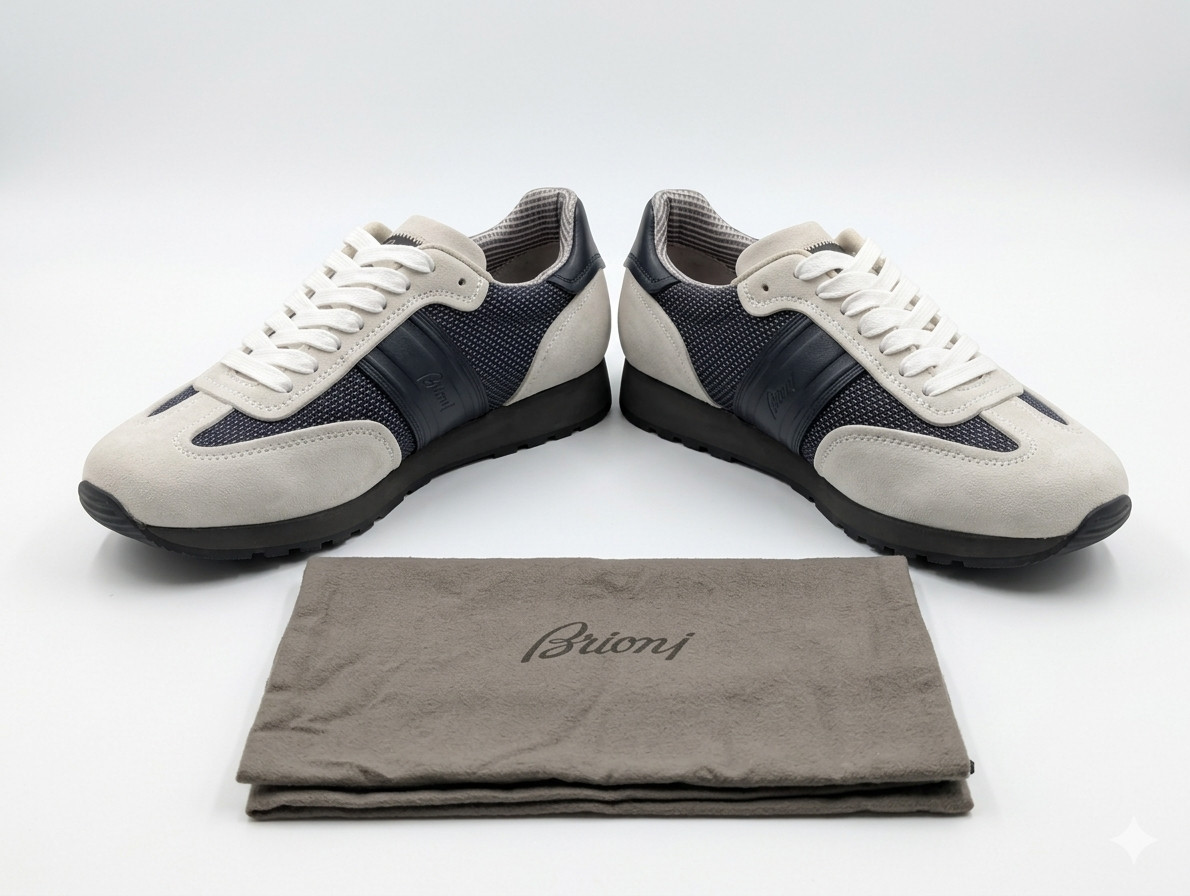 BRIONI Luxury Mens Suede Mesh Sneakers Running Shoes Gray Navy Leather Trim 9