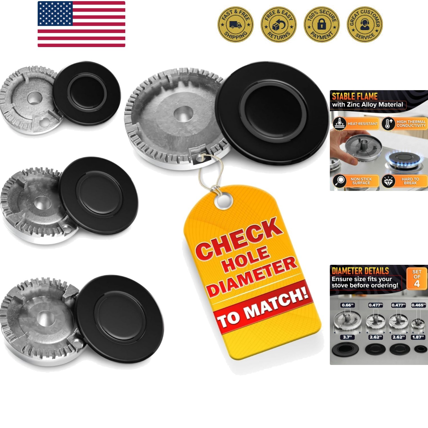 4 Pcs Gas Stove Burner Replacement - Gas Stove Burner Caps with Zinc Alloy Bu...