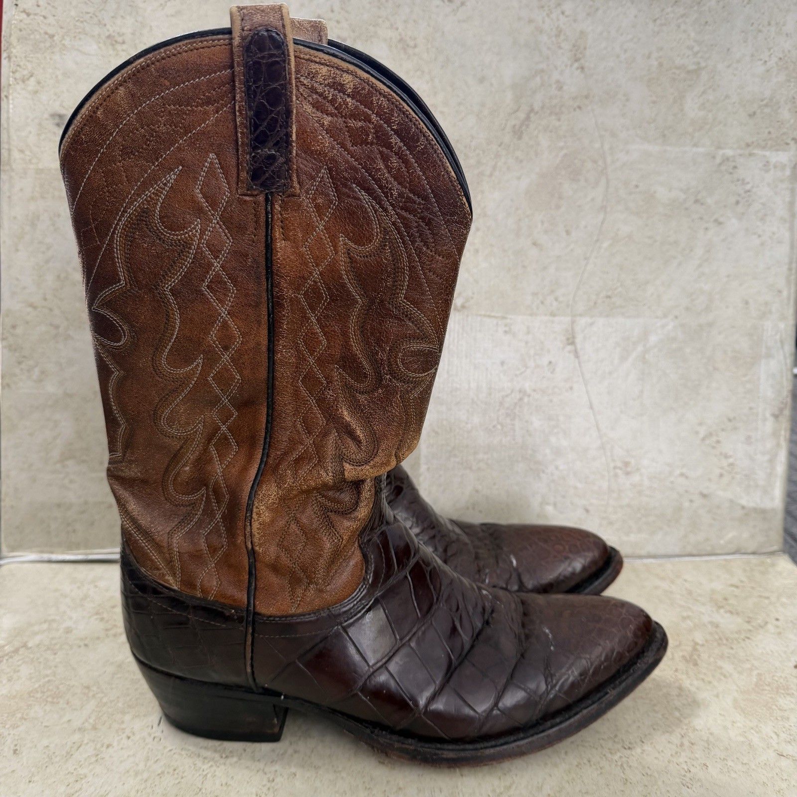 VTG Dan Post Alligator Boots Mens 10 Brown Bias Cut Western Cowboy USA Made