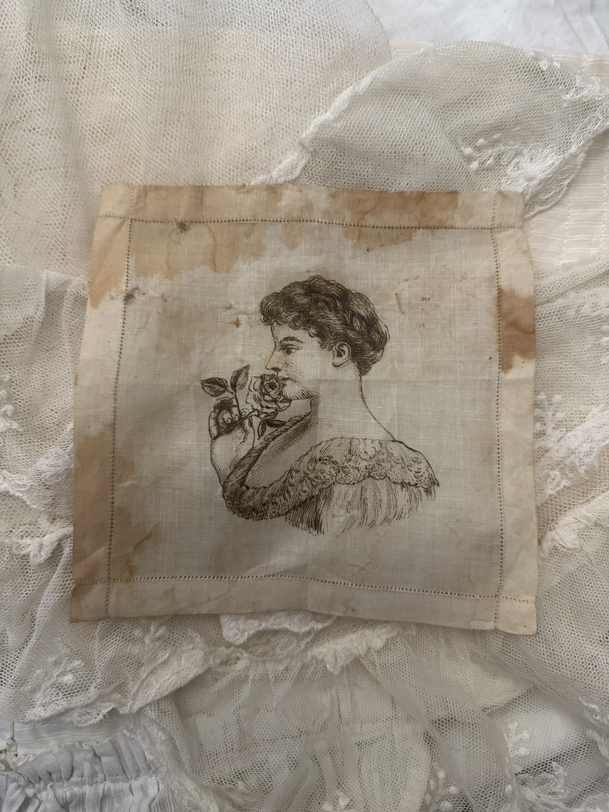 Antique 1880s Victorian Hand Inked Drawn Linen Handkerchief Portrait Lady