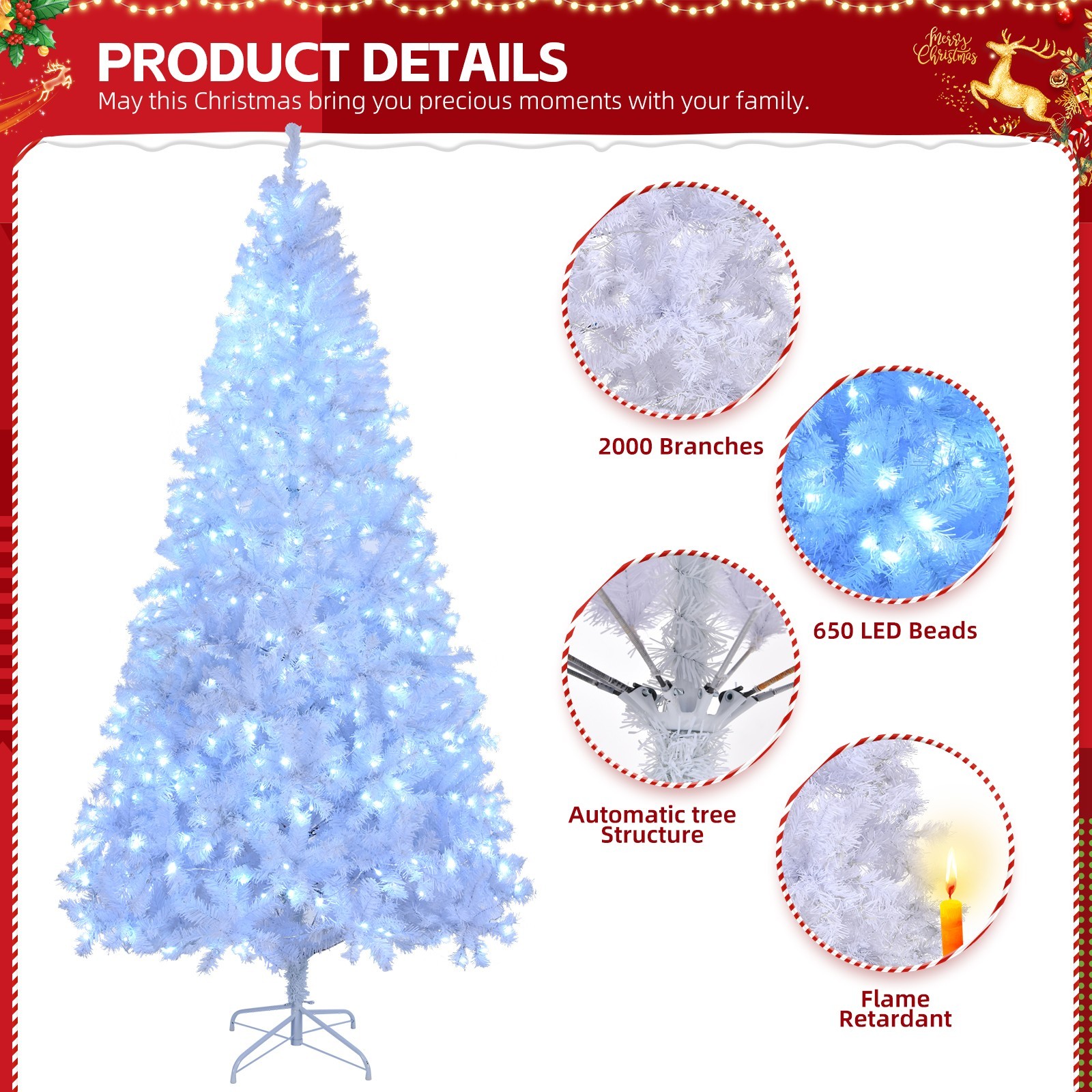 ❄️FREE SHIPPING❄️White Christmas Tree, 650 Lights, 9 Ft, Hinged, 2000 Branche