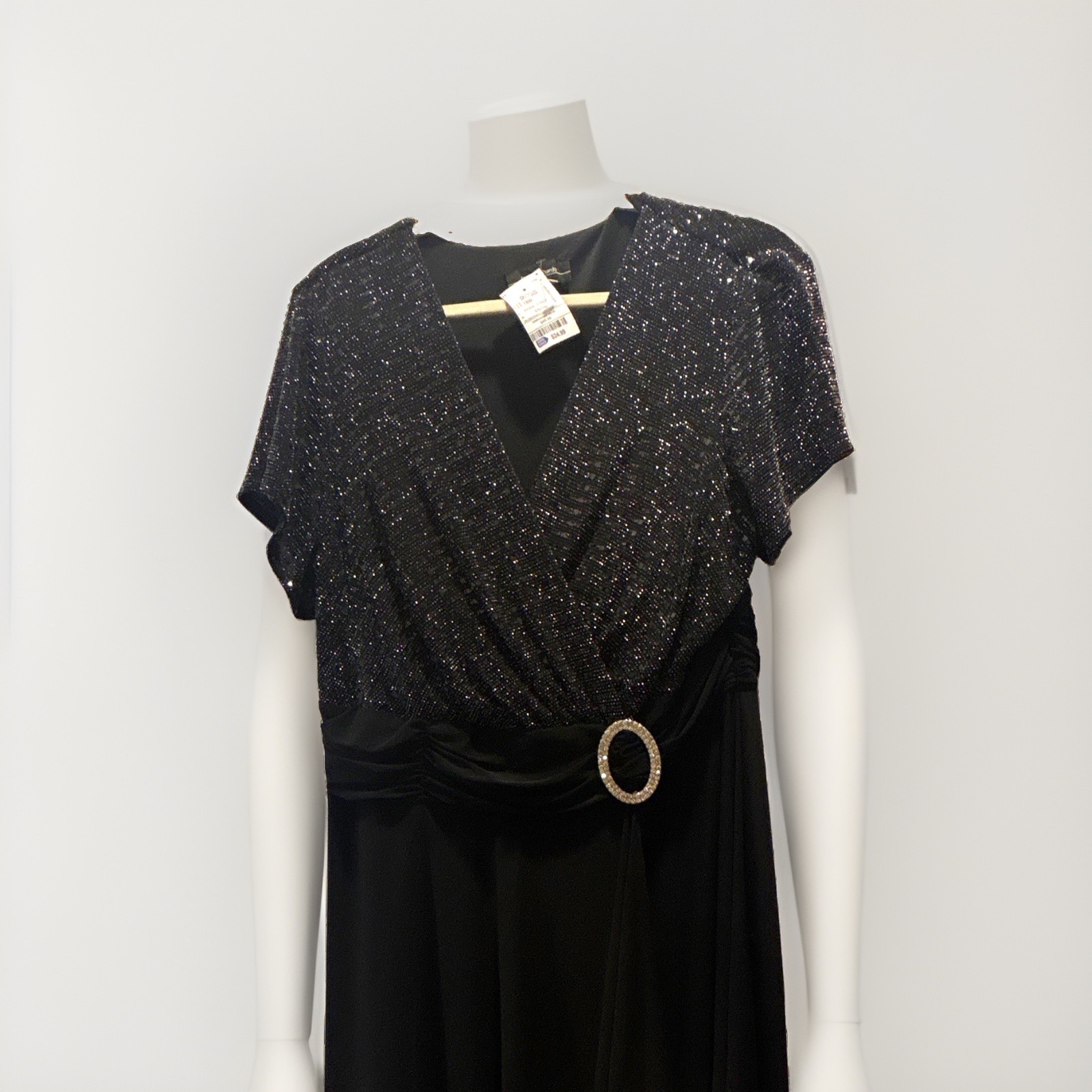 R&M Richards 16W Black Chiffon Wrap V-Neck Dress Glitter Rhinestone Lined