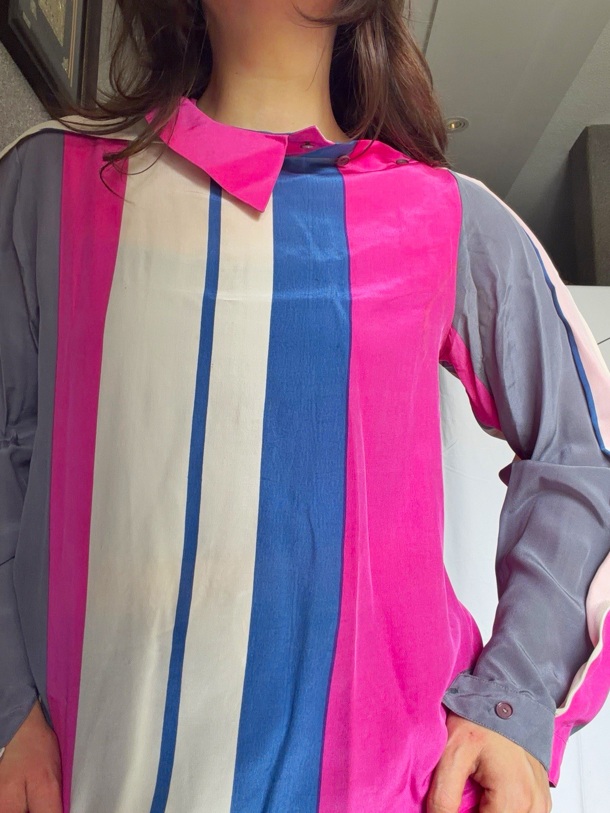 The Silk Farm Vintage 80s Blouse 6 100% Silk Pink Blue Stripe Made in Korea