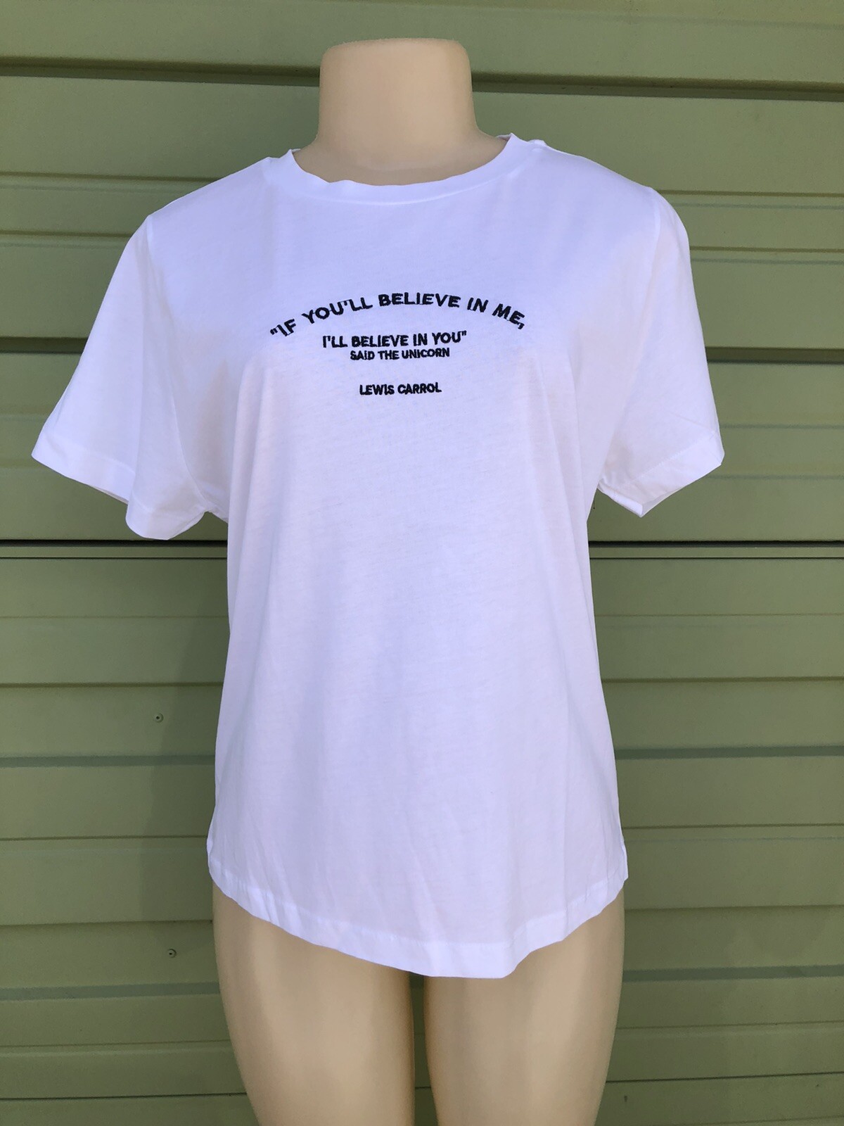 Zara Woman White T-Shirt Embroidered Unicorn Slogan Cotton Crew Neck Size L NWT