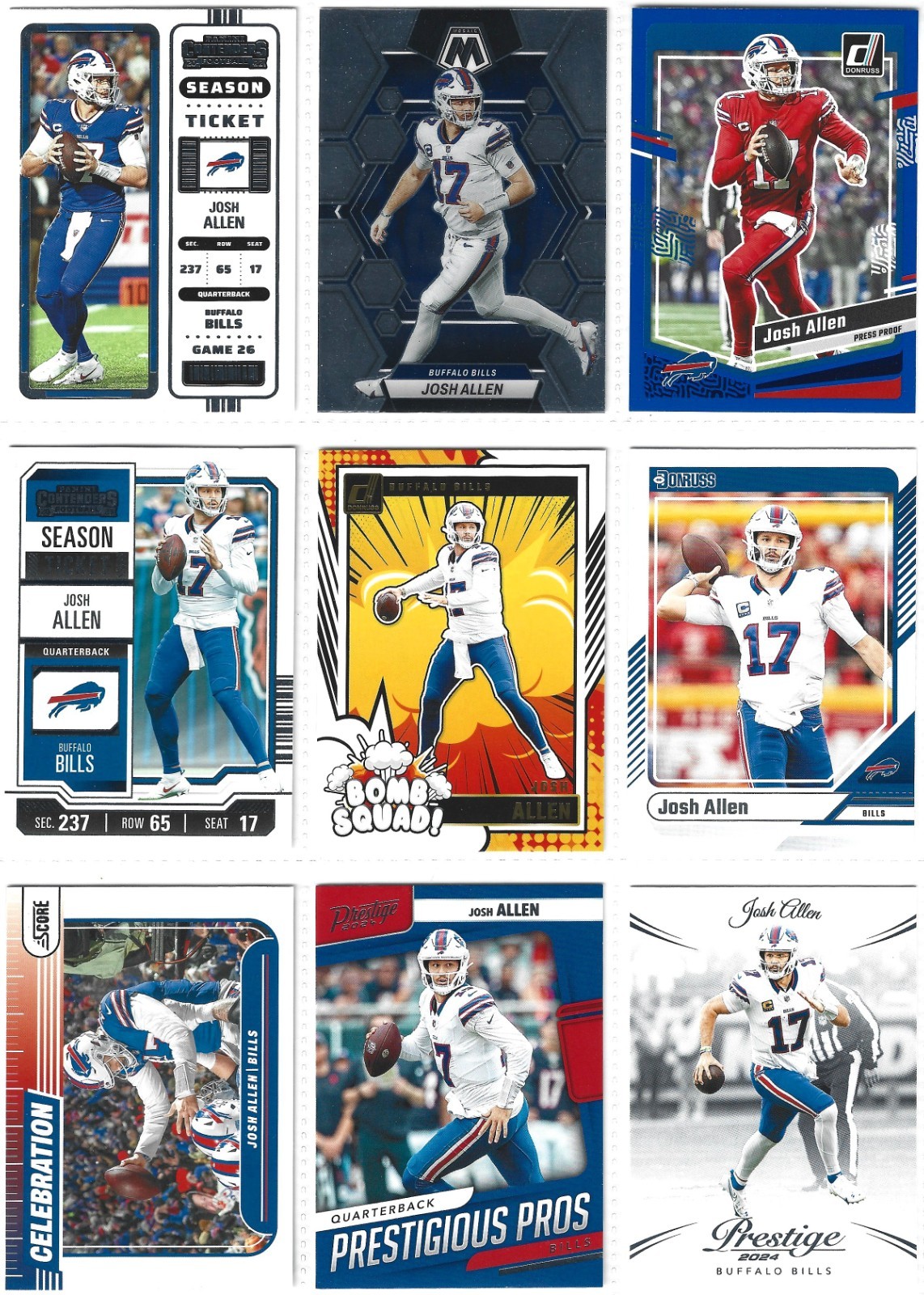 JOSH ALLEN 9 CARD LOT 2022 2023 2024 DONRUSS PRESTIGE SCORE CONTENDERS MOSAIC