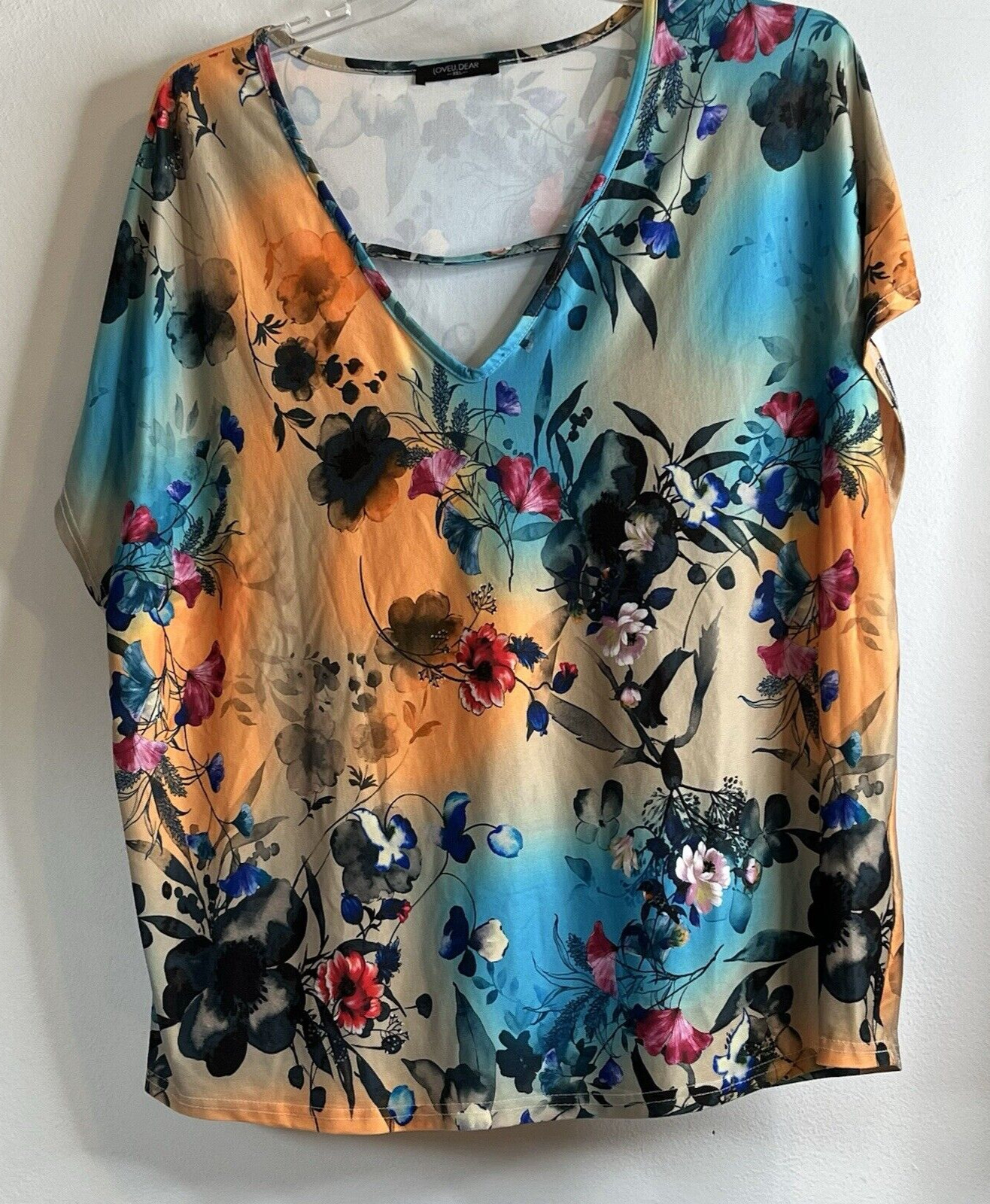 Loveu.Dear Womens Plus 3X Top Shirt Deep V-neck Bright Floral Print Cap Sleeve