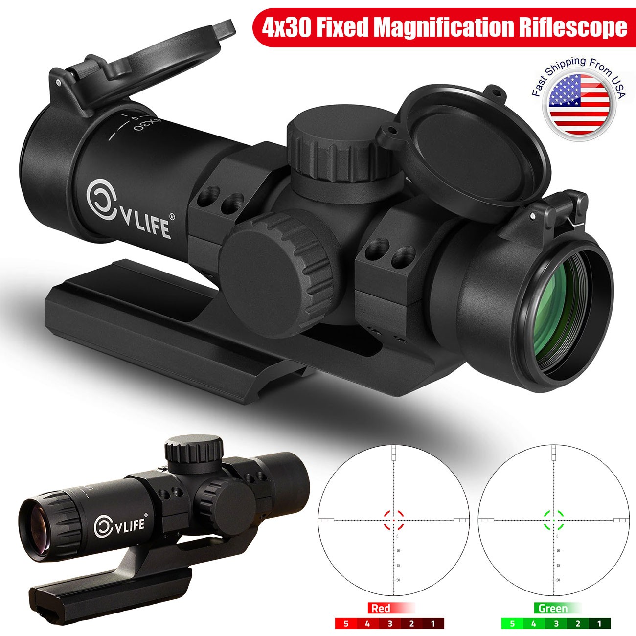4X Fix Magnification 30mm Objective Compact Optic Scope Dual-Illuminated Reticle