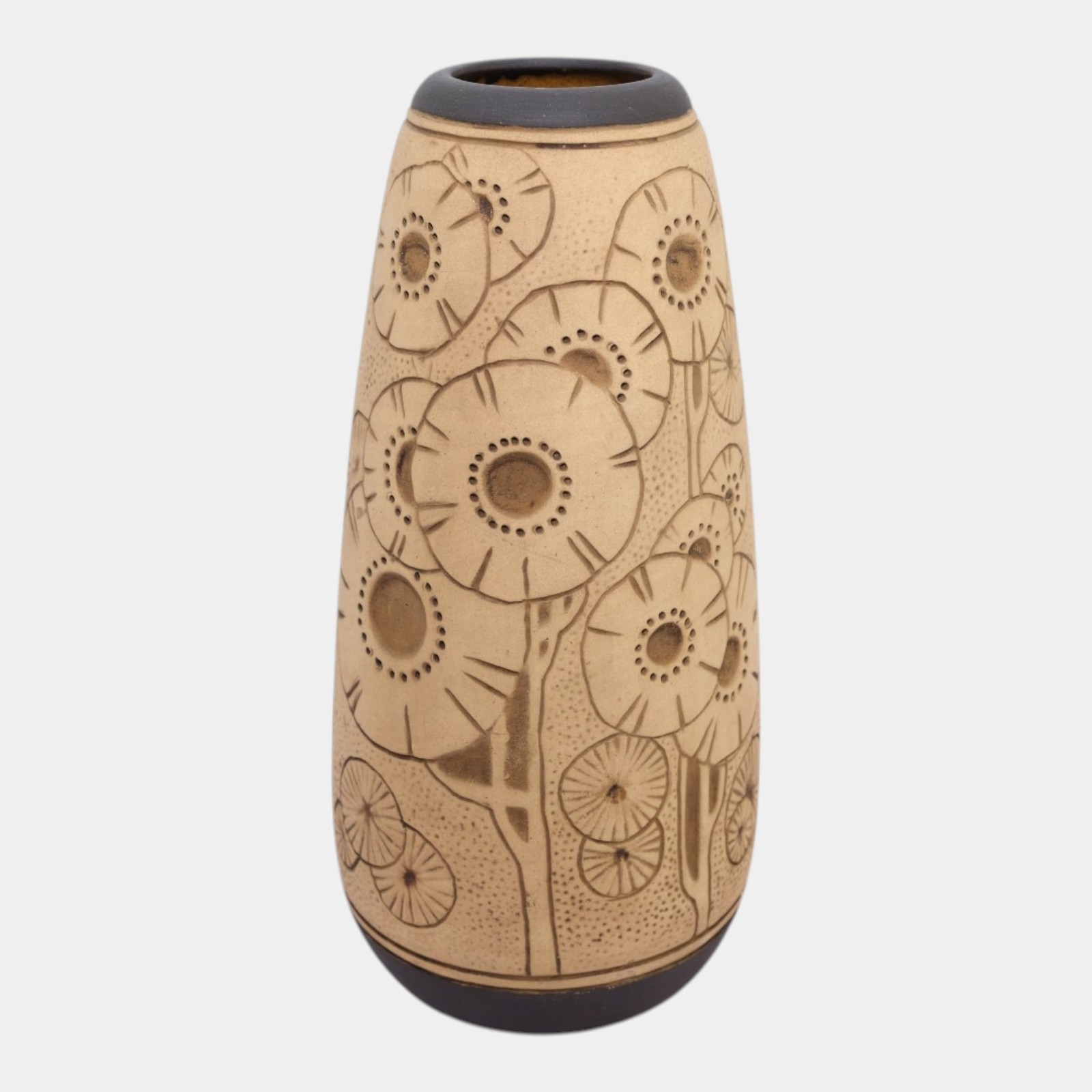 Weller Burntwood 1910s Art Deco Pottery Tan And Brown Floral Ceramic Flower Vase