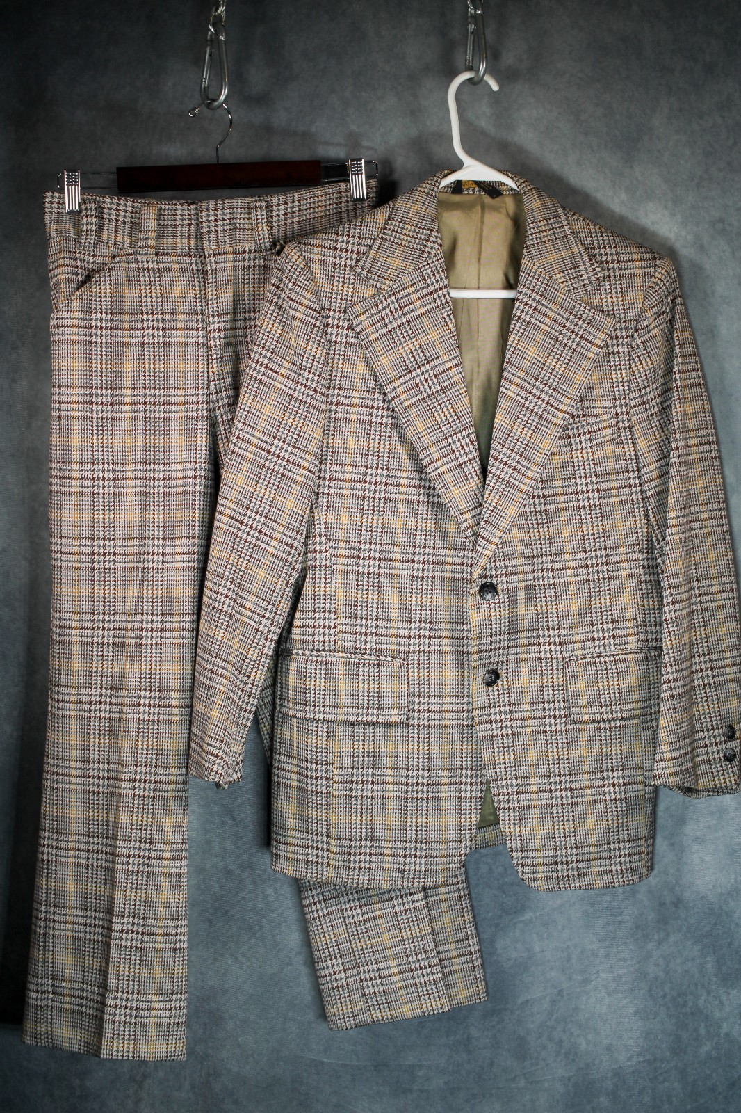 Vintage 70s Mens Suit Set Plaid Double Knit Polyester Jacket Pants RARE