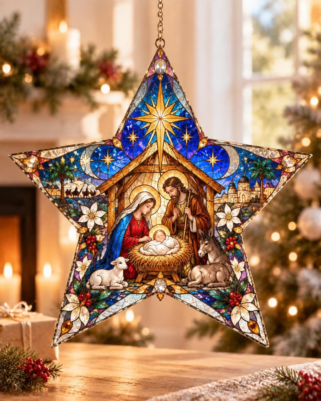 Nativity Star Acrylic Ornament, Religious Christmas Window Hanging